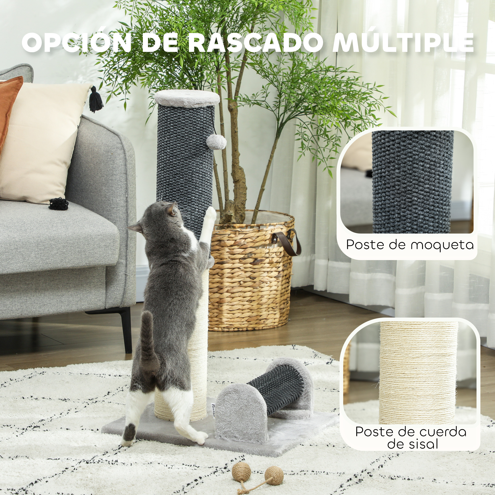 Un gato rascando un árbol para gatos con múltiples superficies para rascar, se muestra un gato gris.