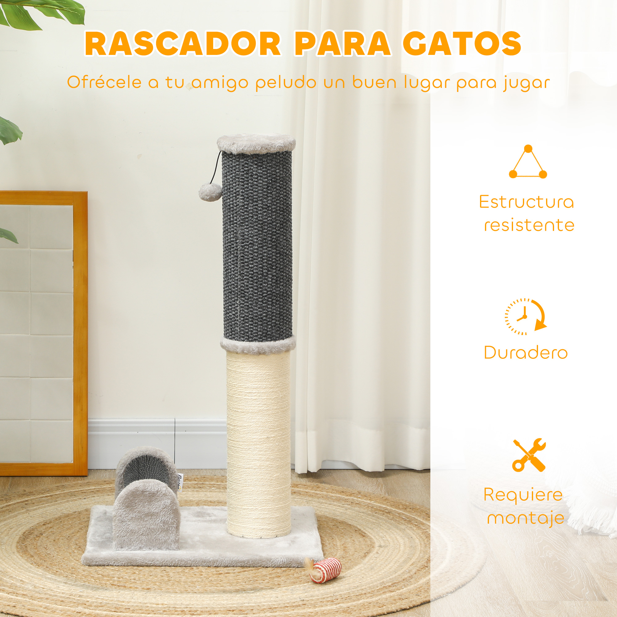 Un rascador para gatos con una zona gris para rascar y una parte superior gris y blanca. Hay iconos.