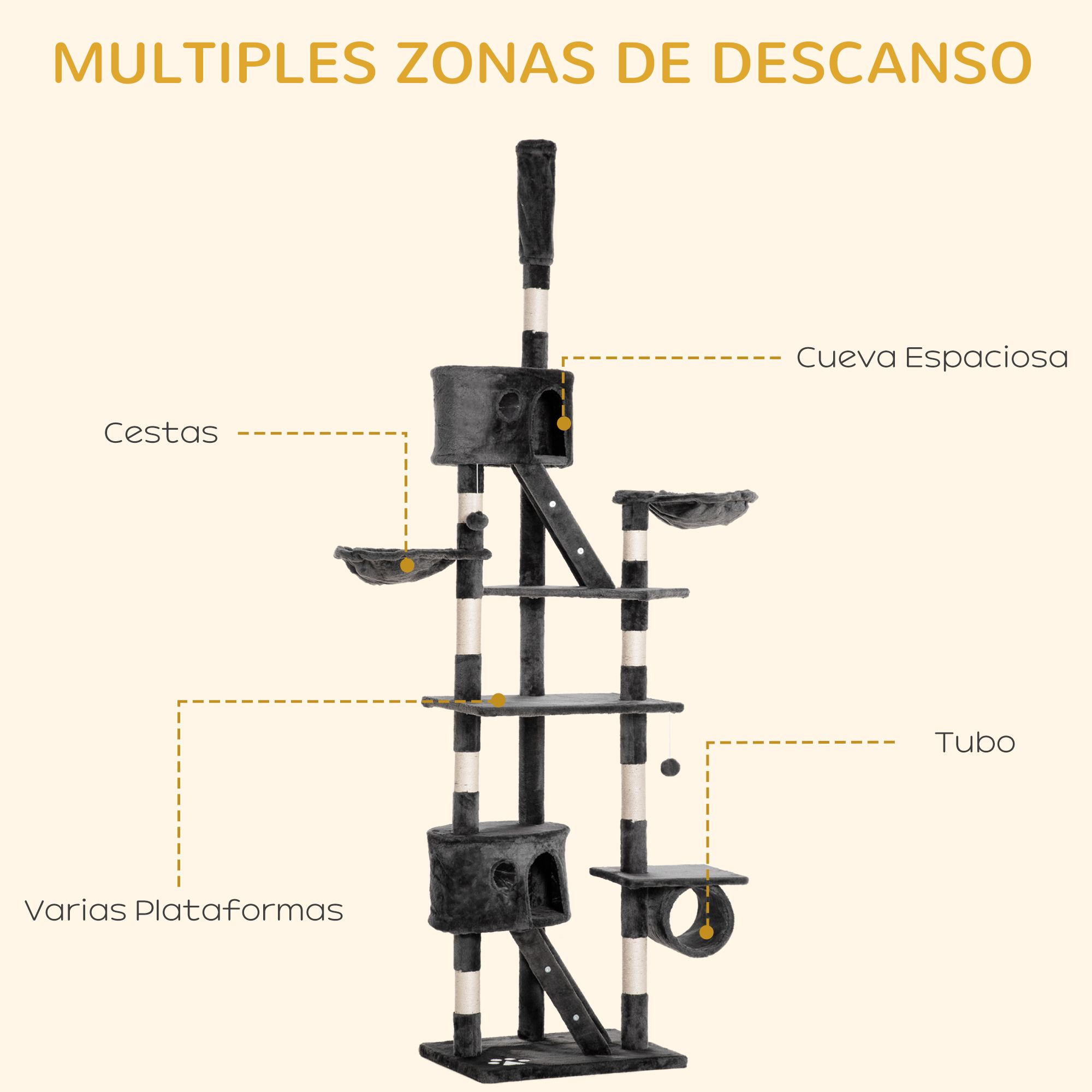 Un árbol para gatos de varios niveles con varias plataformas, cestas y una cueva.