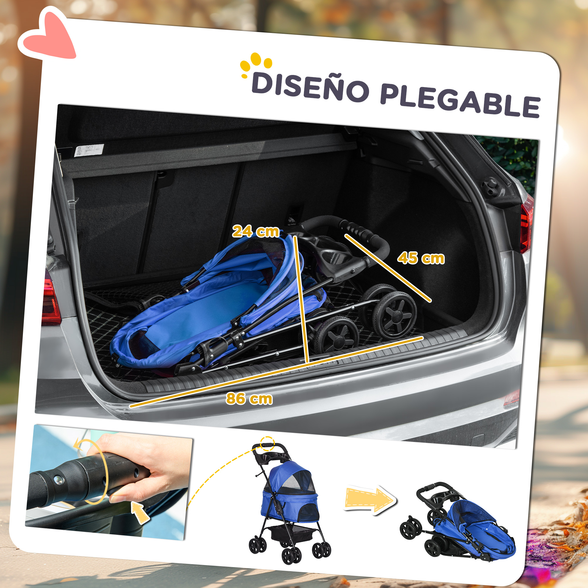 Cochecito azul plegable para mascotas en un maletero. Se muestran las dimensiones.