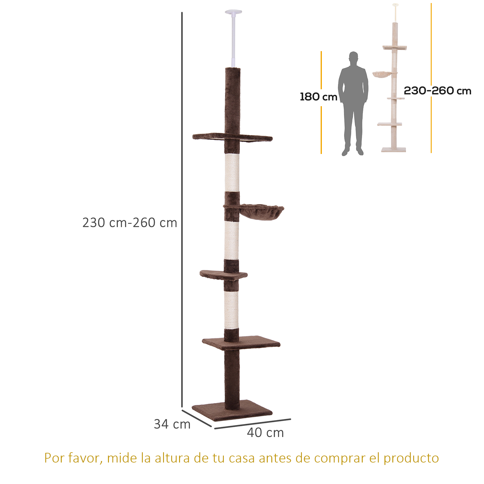 Un árbol para gatos alto con varios niveles y una hamaca. Es marrón y tiene dimensiones marcadas.