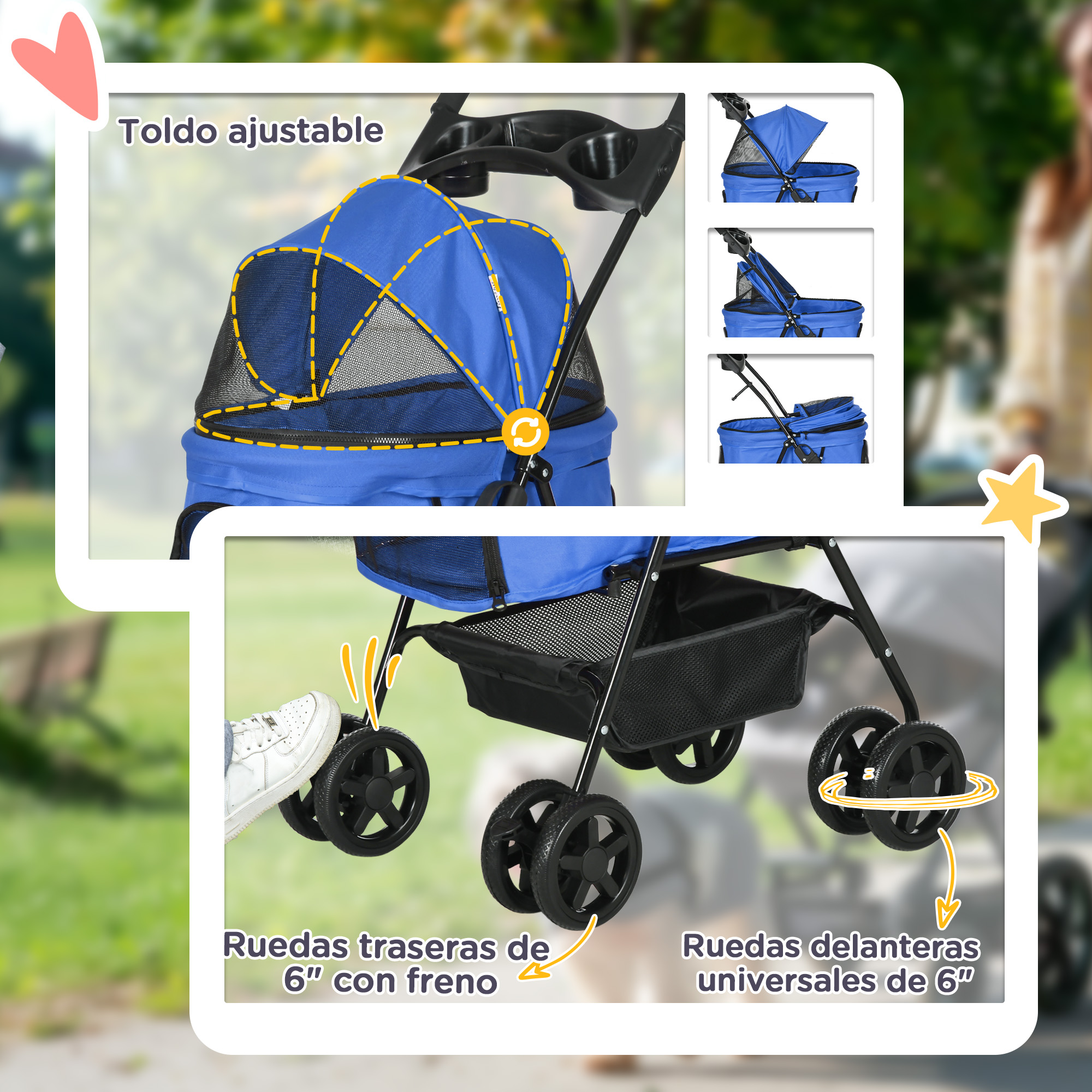 Cochecito azul para mascotas con toldo ajustable, ruedas negras y freno de pie. El fondo muestra un parque.