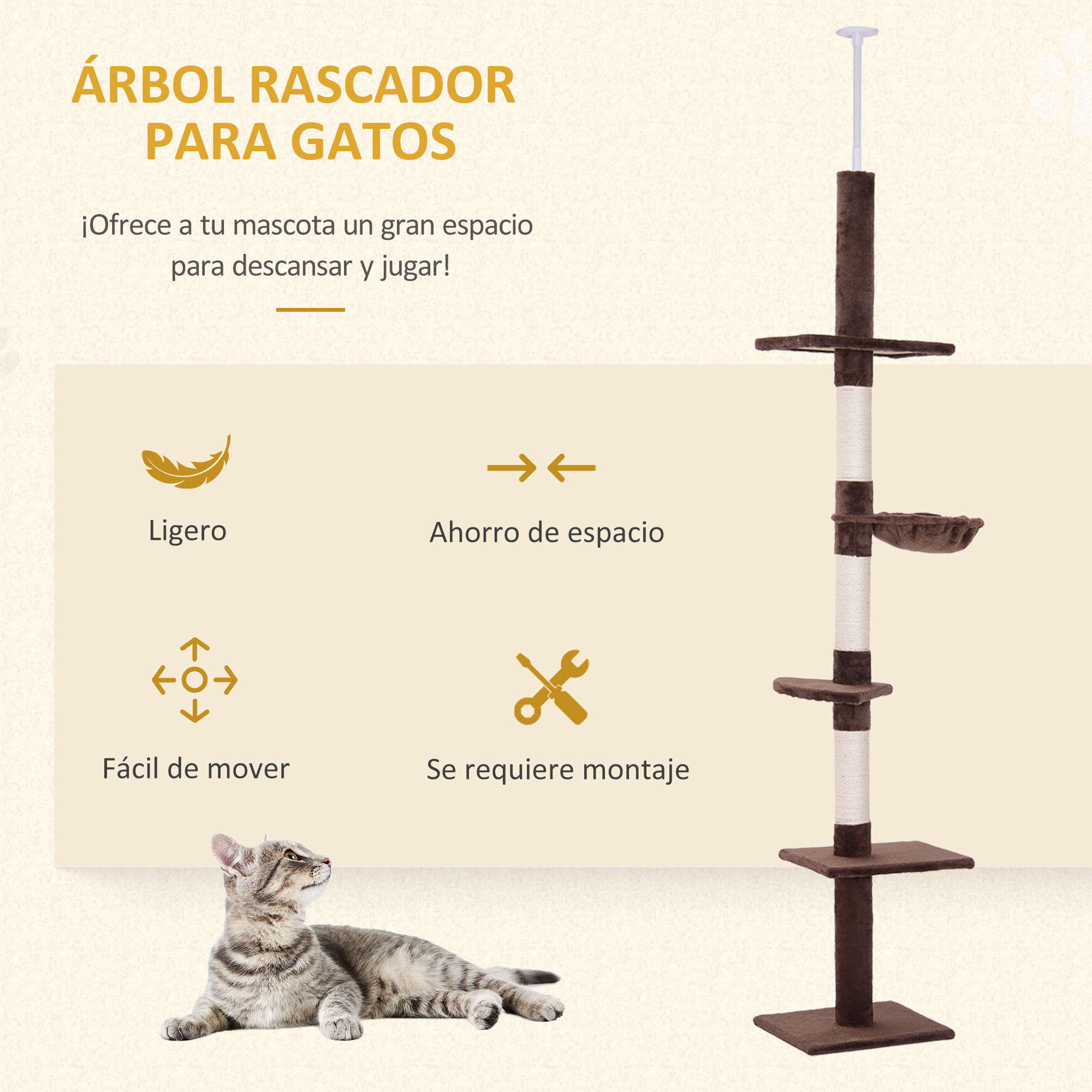Gato tumbado cerca de un árbol para gatos marrón con múltiples niveles y un poste rascador.