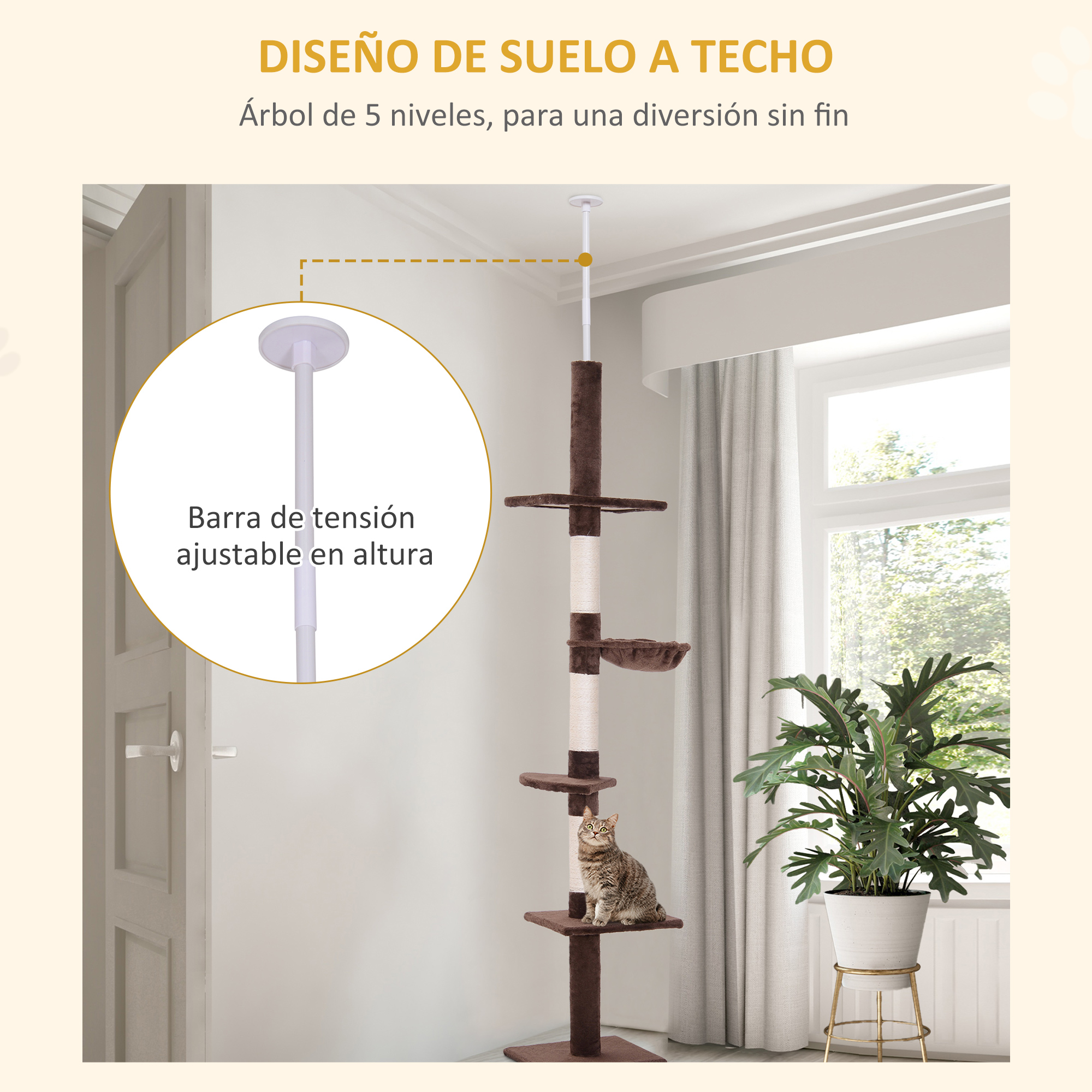 Árbol para gatos de suelo a techo con un gato en los niveles, contra una pared blanca.
