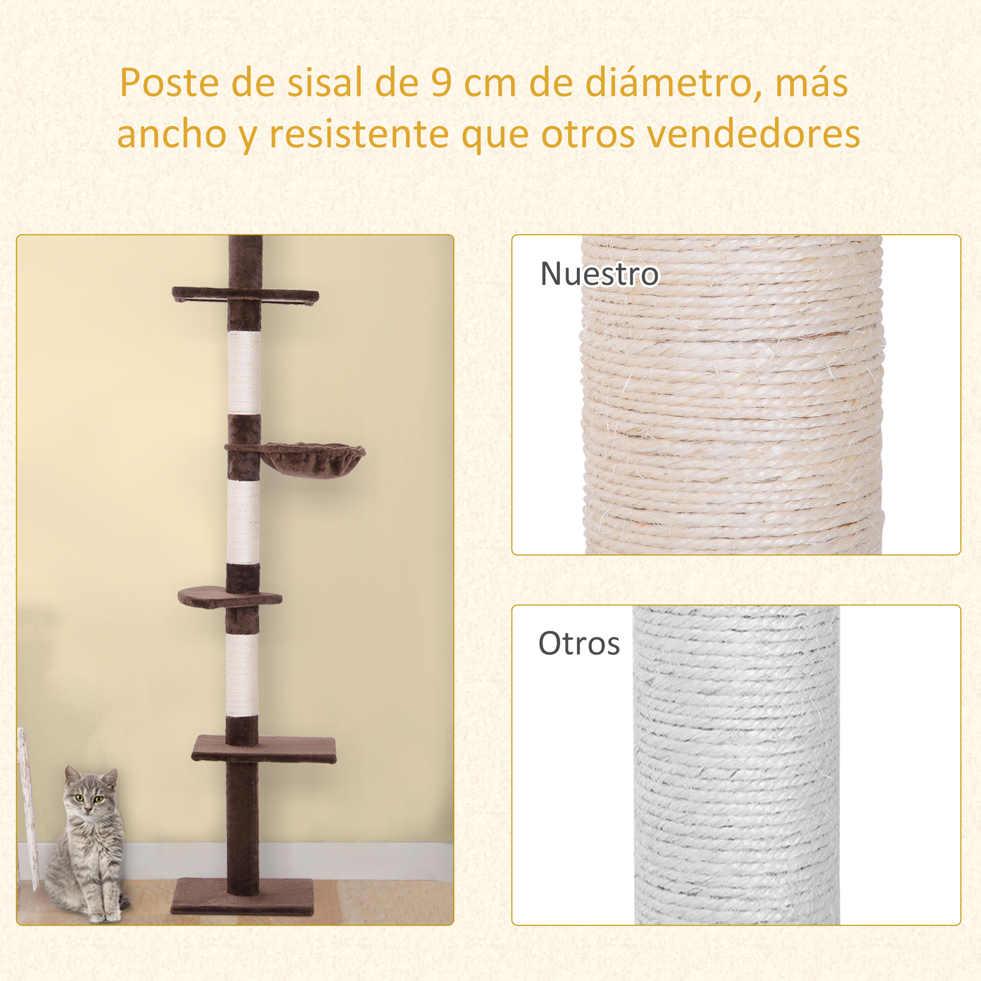 Comparación de postes de sisal para árboles para gatos. Mostrando el nuestro vs. otros, el nuestro es más grueso.