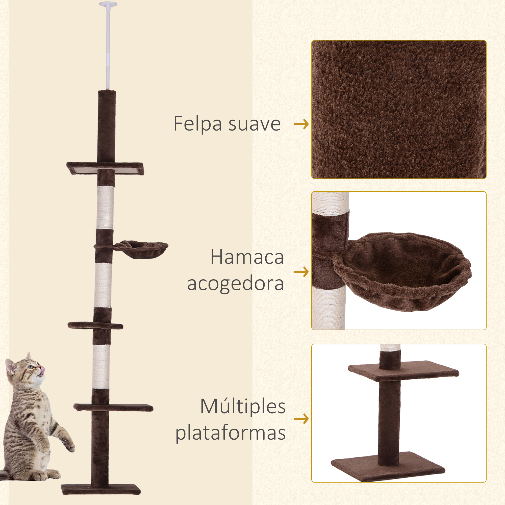 Gato mirando un árbol para gatos con múltiples plataformas, una hamaca acogedora y forro polar suave. El texto etiqueta.