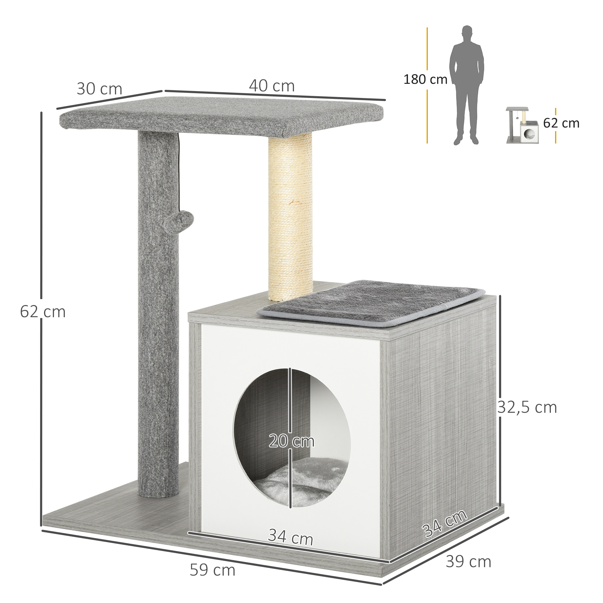 Árbol para gatos con una caja y un rascador. Las dimensiones están etiquetadas en la imagen.