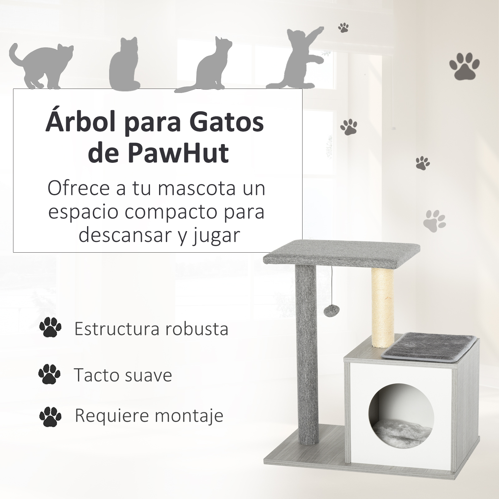 Un árbol para gatos con un espacio compacto para que los gatos descansen y jueguen. Tiene una estructura robusta y un tacto suave.