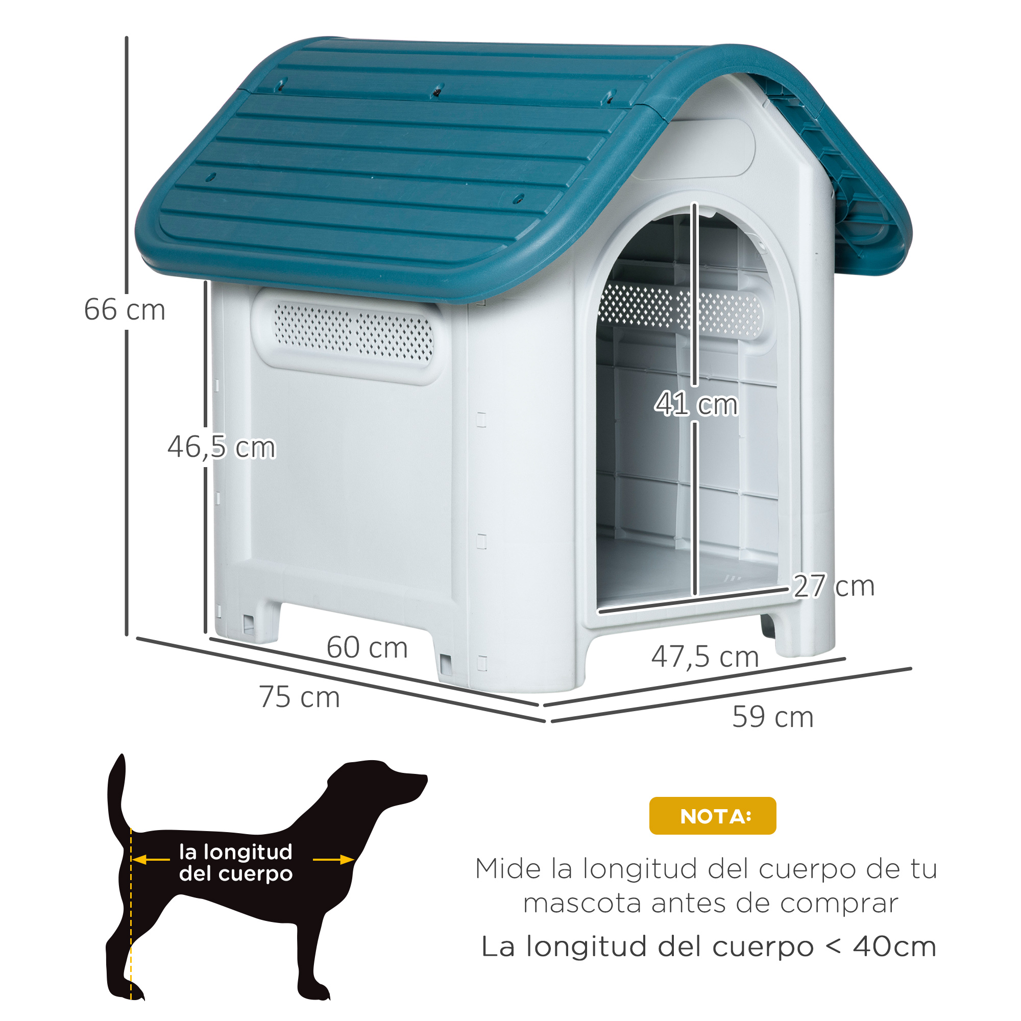 Una caseta para perros blanca y verde azulado con dimensiones. Una silueta muestra el tamaño del perro.