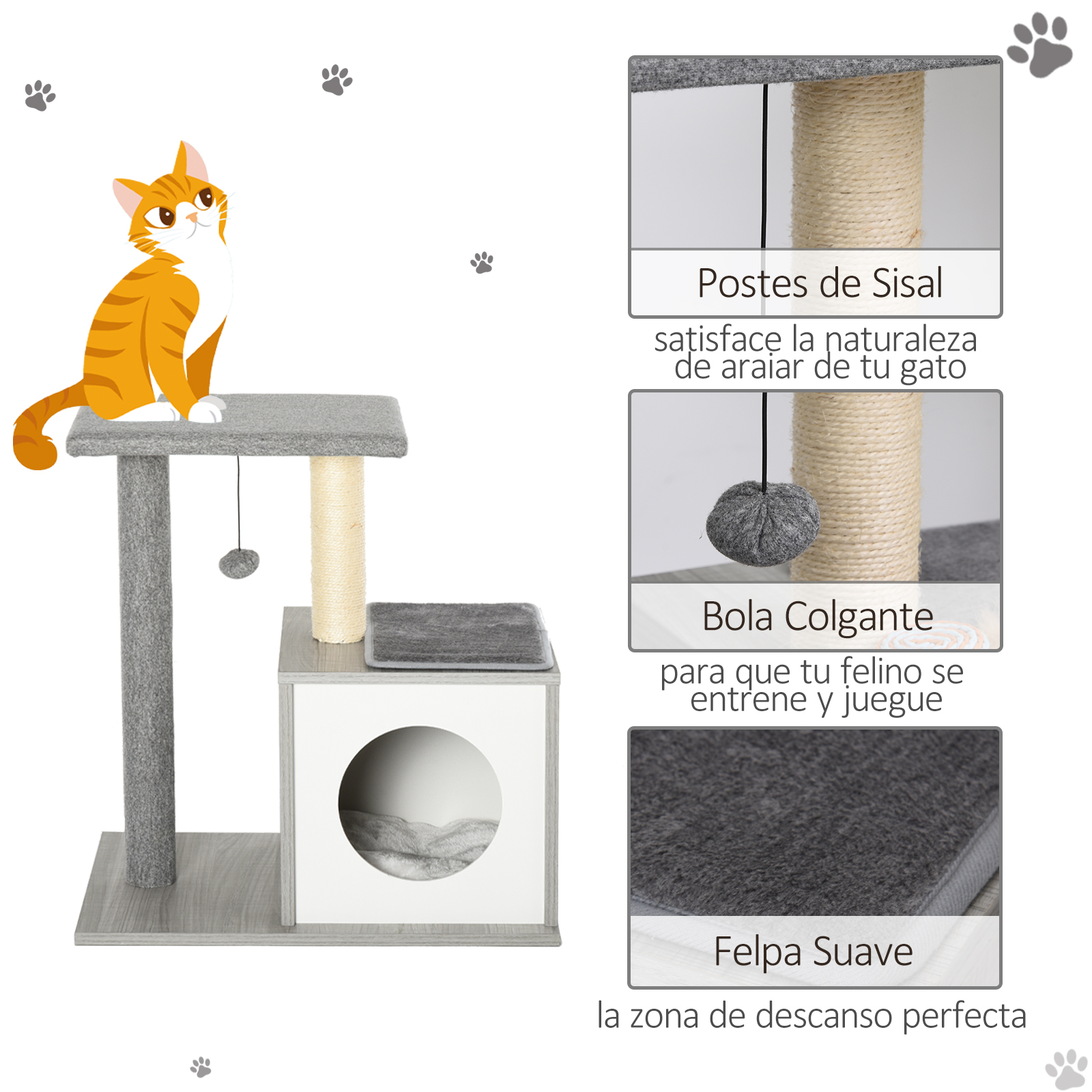 Árbol para gatos con múltiples niveles, una bola colgante y un gato naranja juguetón; huellas de patas en el fondo.
