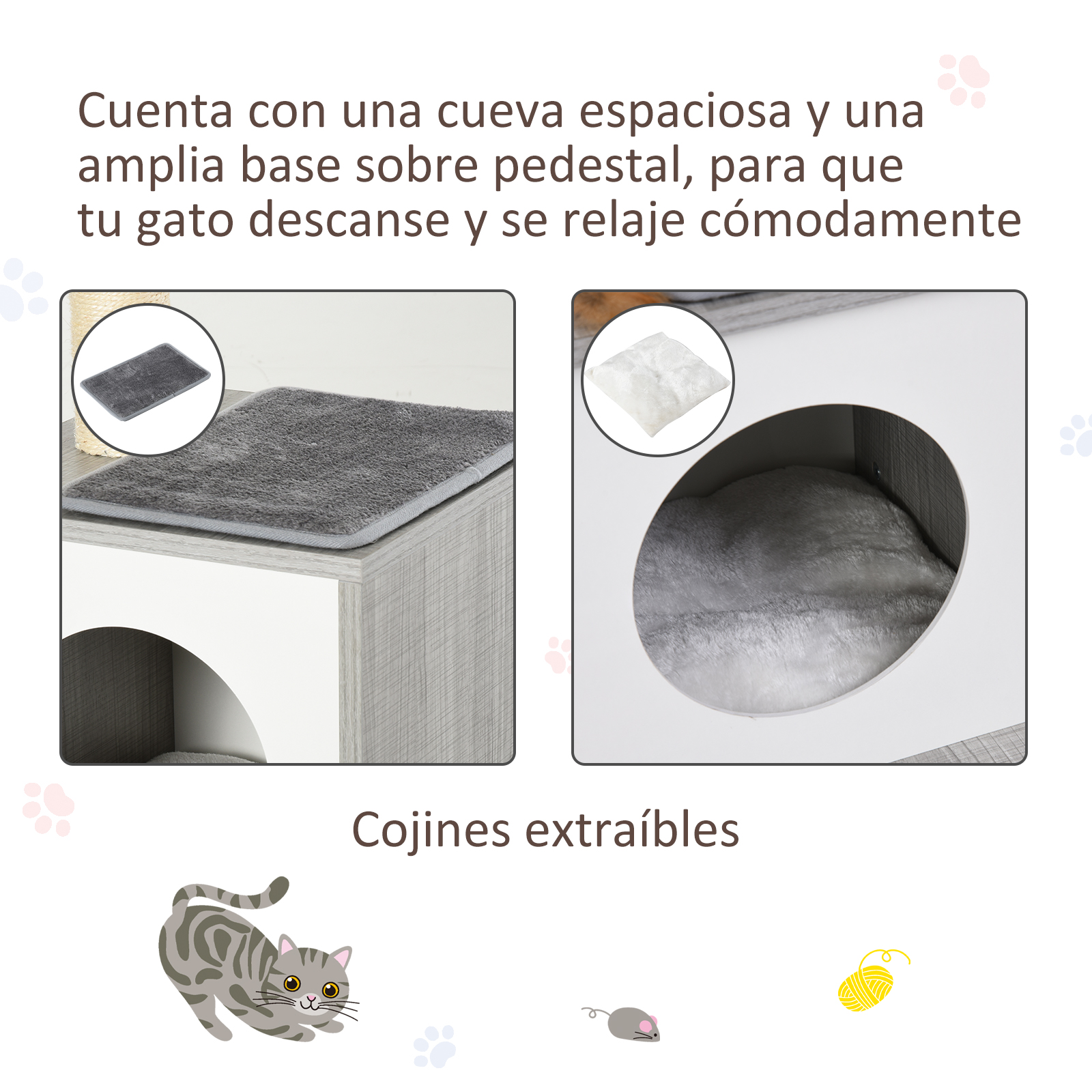 Imágenes de una cama para gatos con cojines extraíbles y un gato, ratón e hilo. Tonos blancos y grises.