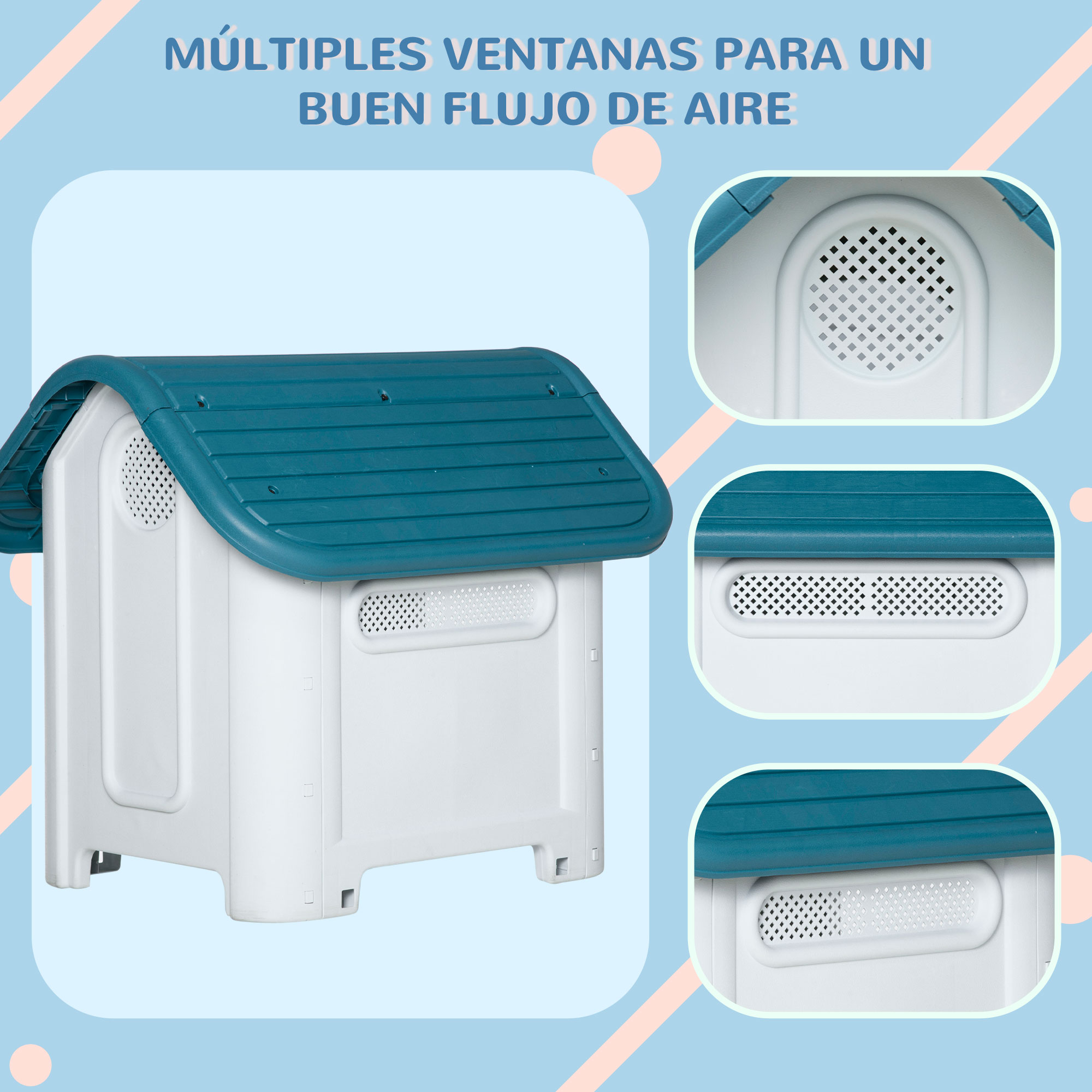 Casa para mascotas blanca y azul con múltiples orificios de ventilación, vista desde múltiples ángulos.