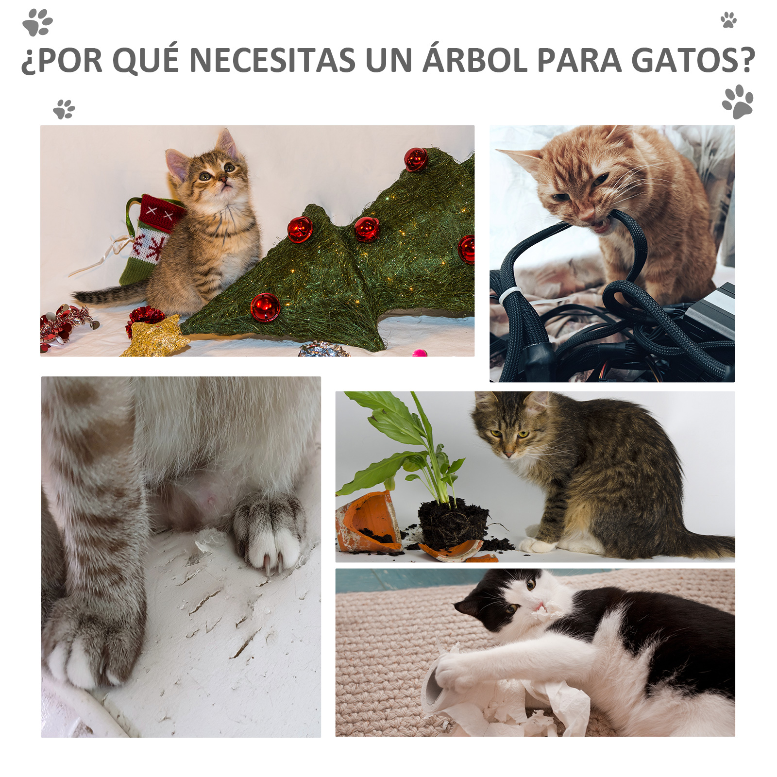 Gatos interactuando con varios objetos domésticos, incluyendo un árbol de Navidad y cables.