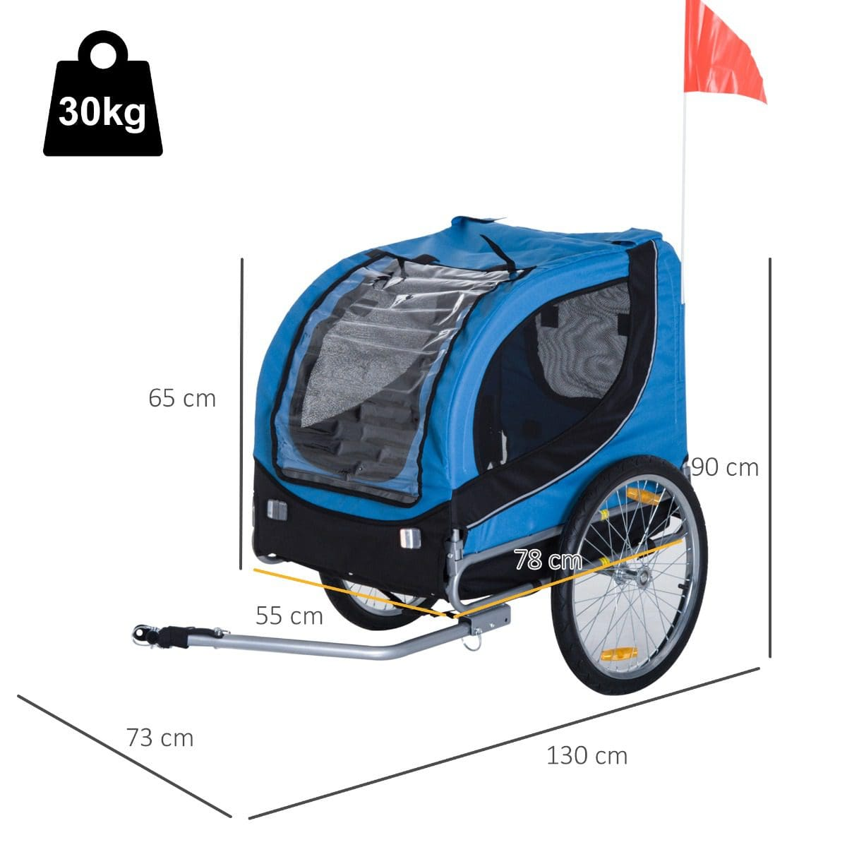 Remolque azul para mascotas con dimensiones, una bandera y un indicador de peso de 30 kg.