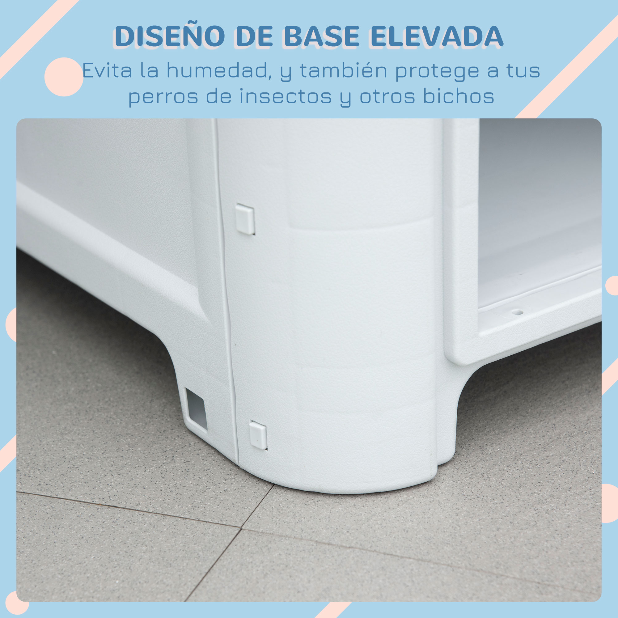 Diseño de base de gabinete blanco. Está elevado para evitar la humedad y proteger de insectos.