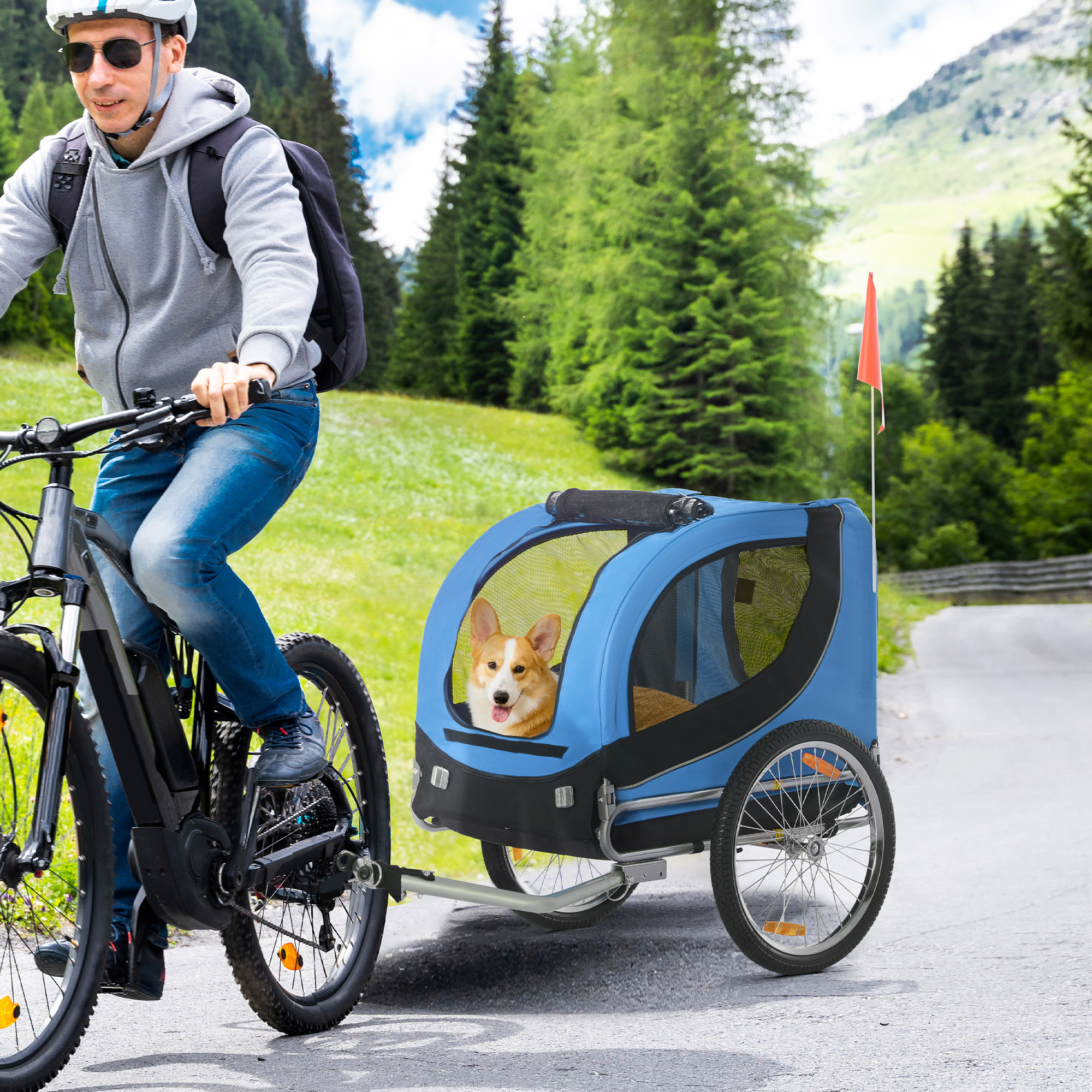 Un hombre monta en bicicleta con un remolque para perros. El perro es un corgi.