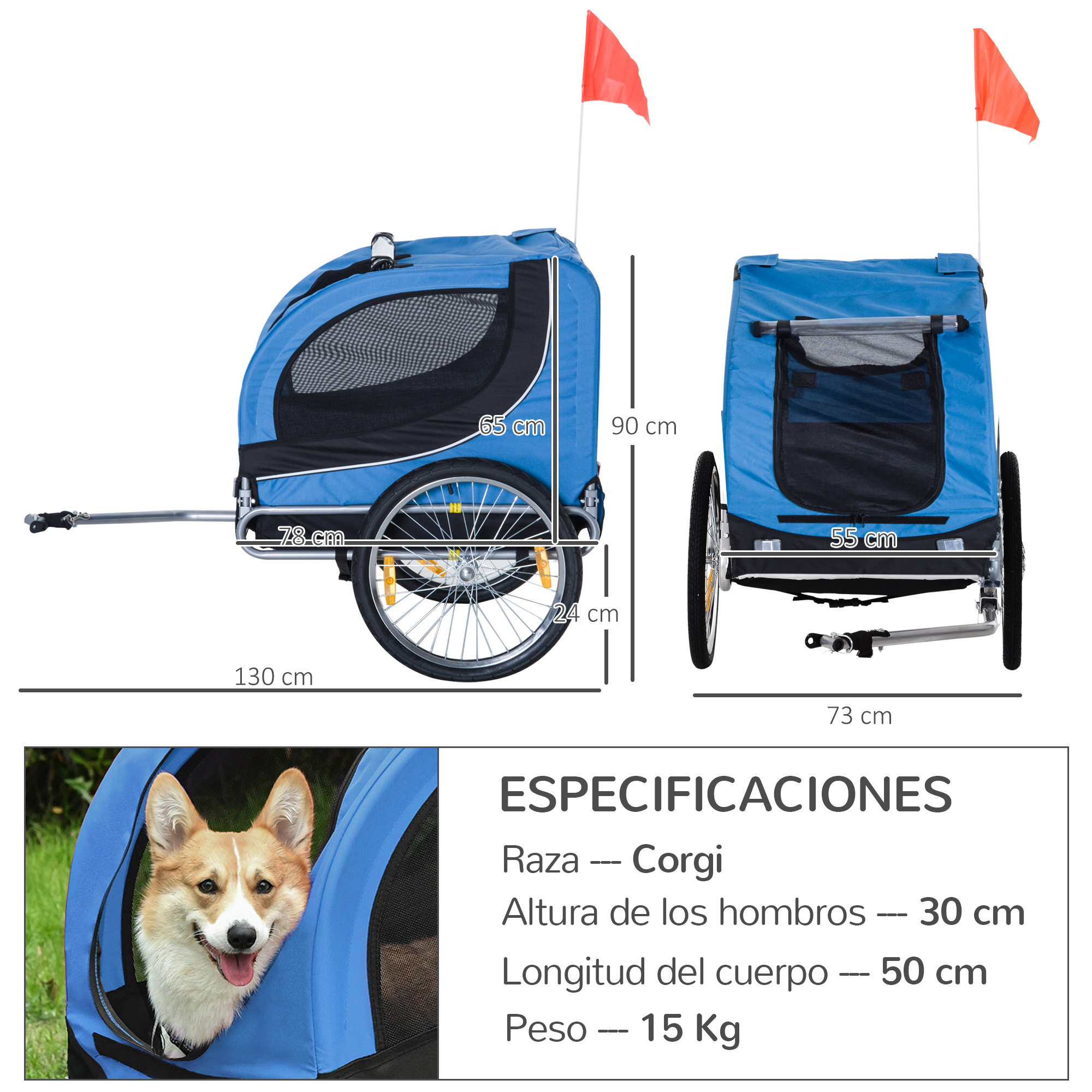 Un remolque para perros azul con un Corgi dentro, con dimensiones y especificaciones en español.
