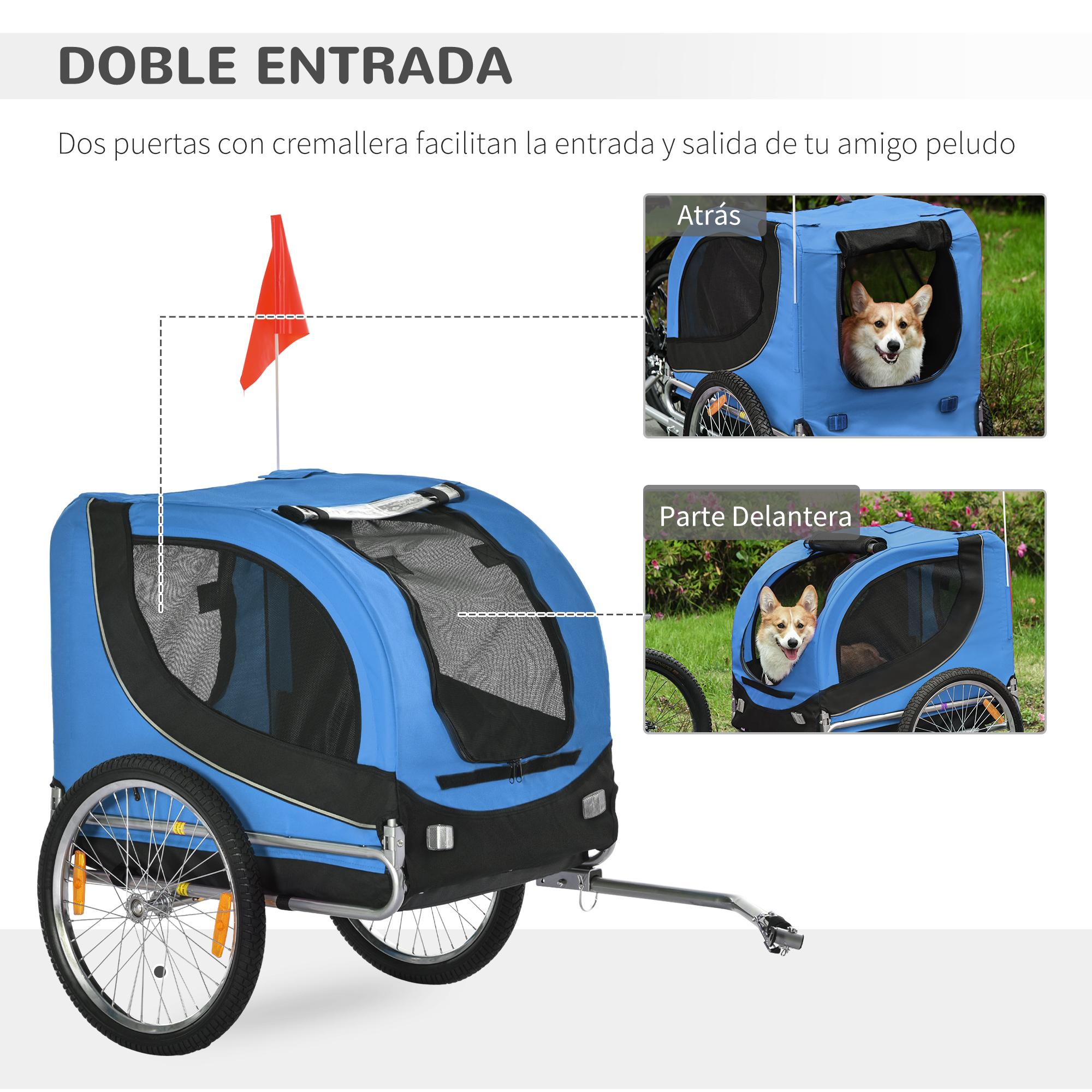 Remolque azul para mascotas. Dos entradas con cremalleras. Perro corgi dentro.