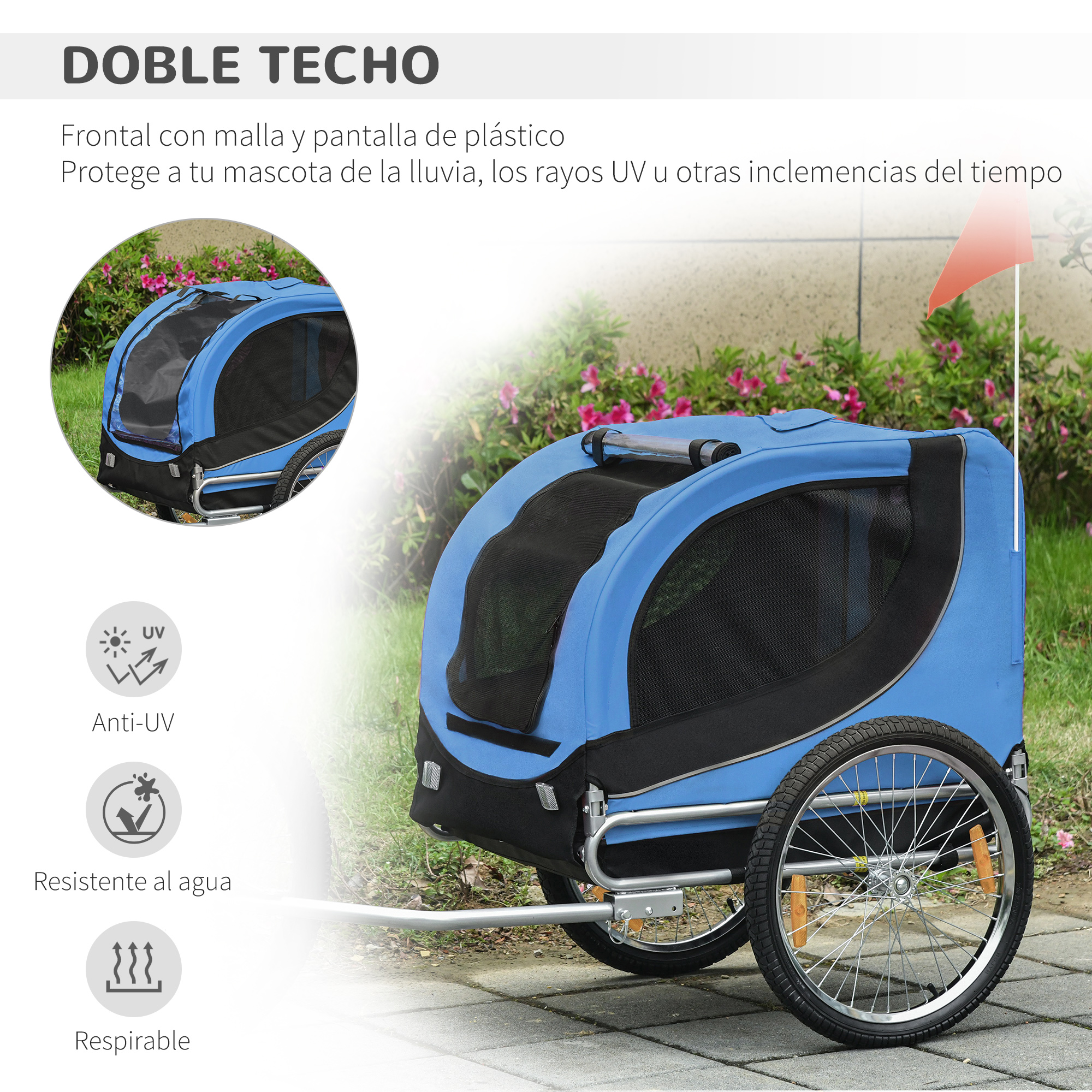 Remolque azul para mascotas. Cuenta con una ventana de malla, una bandera roja y ruedas para protección contra el clima.