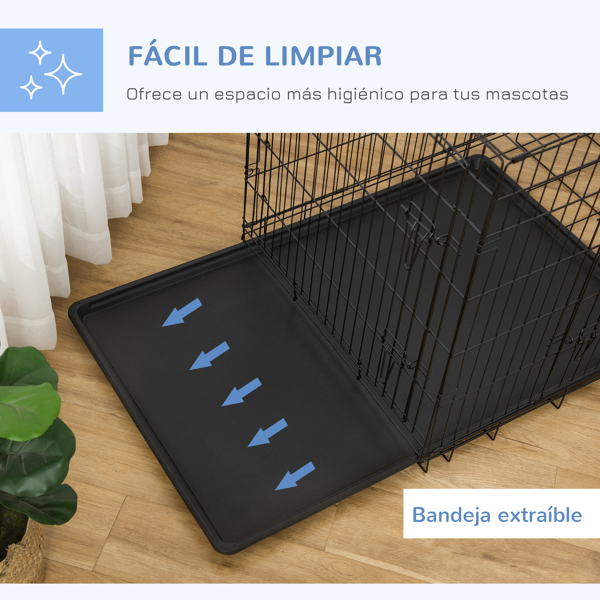 Jaula negra para perros con bandeja extraíble, suelo de madera, texto en español.
