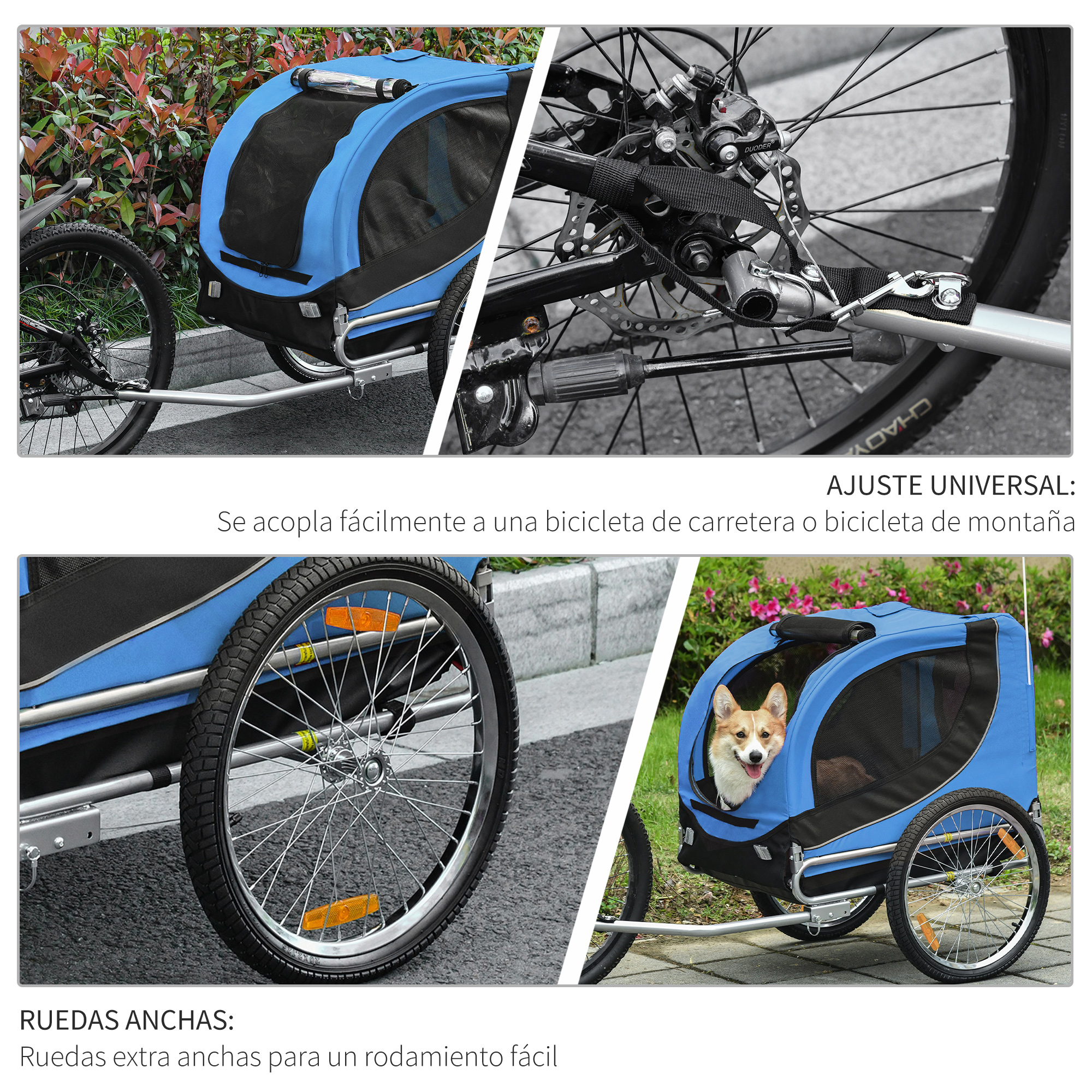 Remolque azul para mascotas enganchado a una bicicleta, con primeros planos de características y un perro dentro.