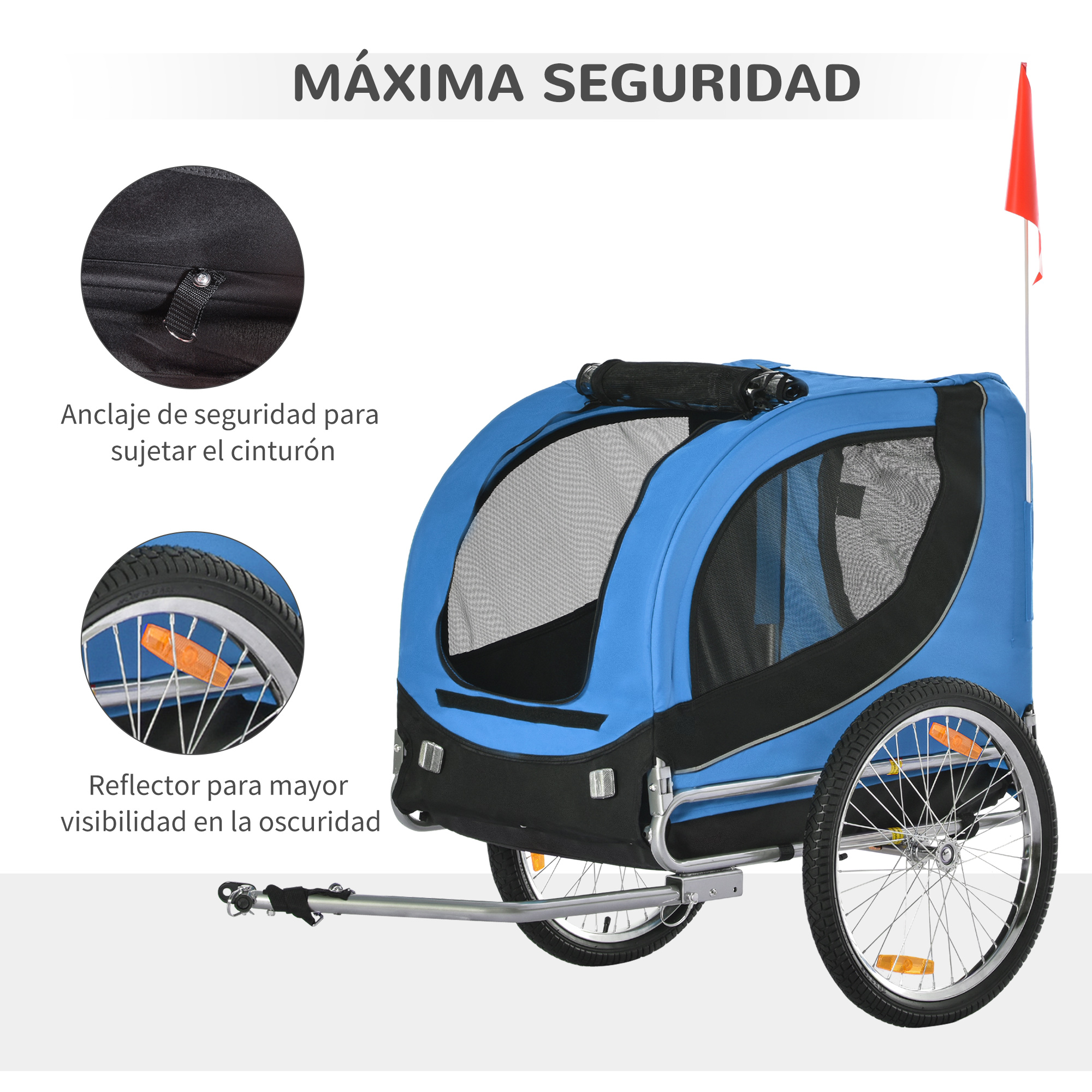 Remolque azul para mascotas con detalles negros, un clip de seguridad y una bandera roja para visibilidad sobre ruedas.