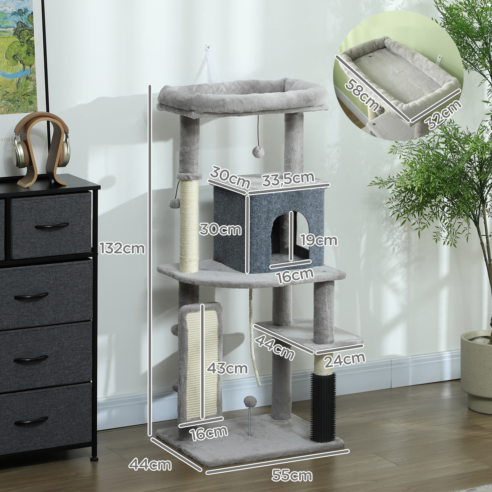 Se muestra un árbol para gatos gris grande con dimensiones, con una cama para gatos y un rascador.