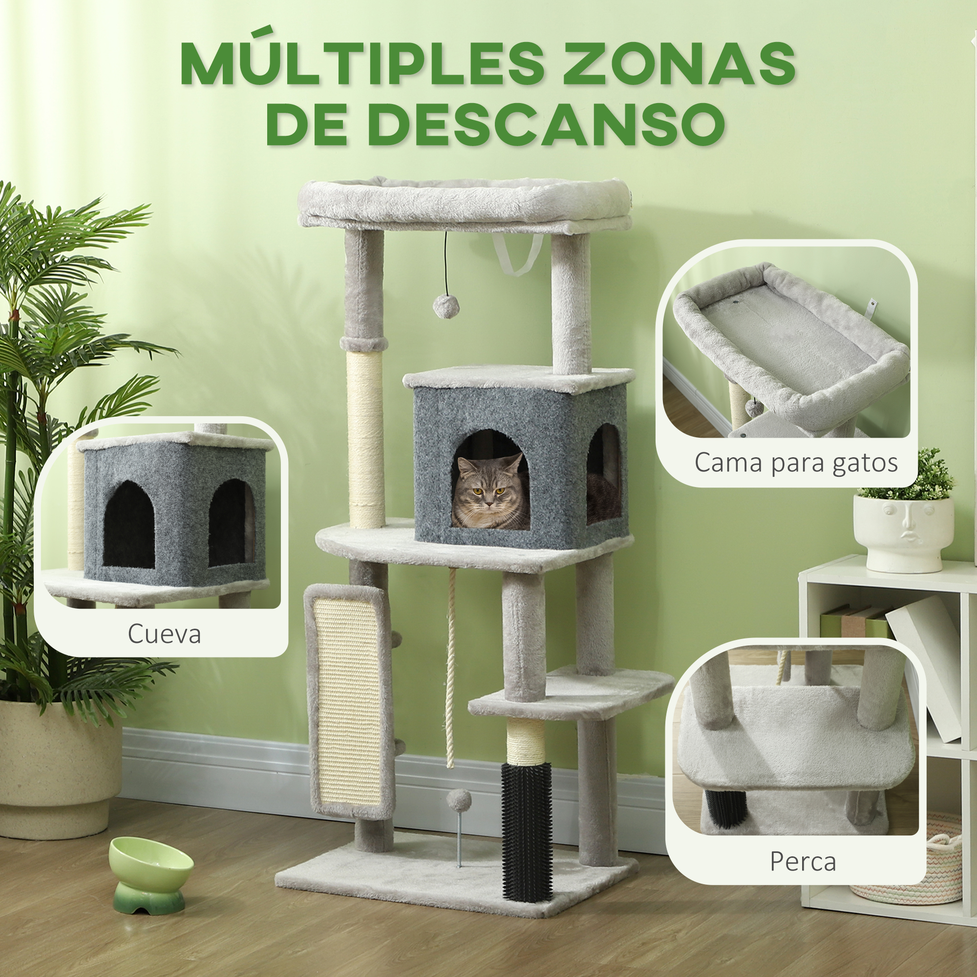 Árbol para gatos con múltiples zonas de descanso: cueva, cama para gatos, percha, poste rascador. Gato en la cueva.