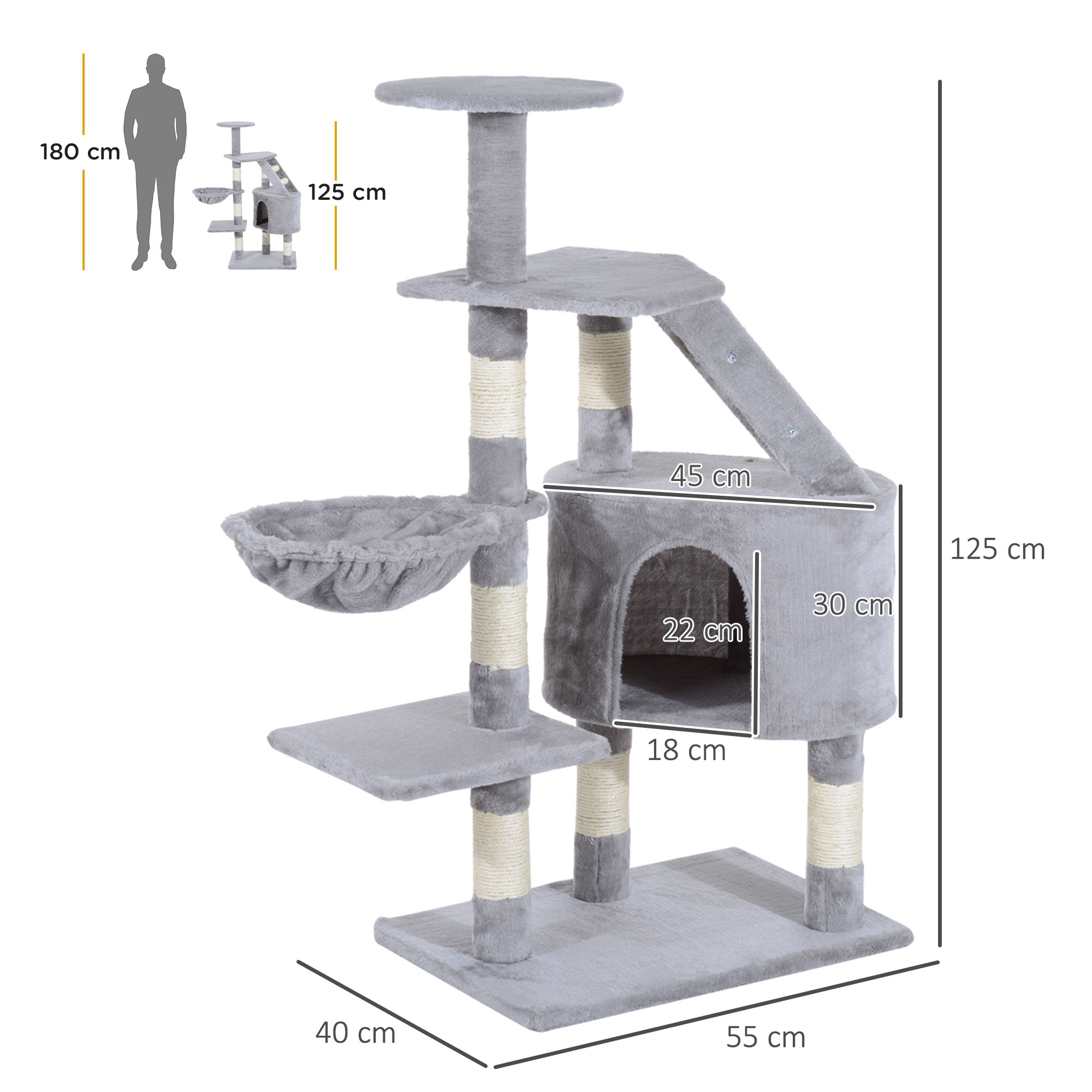 Un árbol para gatos grande, gris, con plataformas, casa y dimensiones.