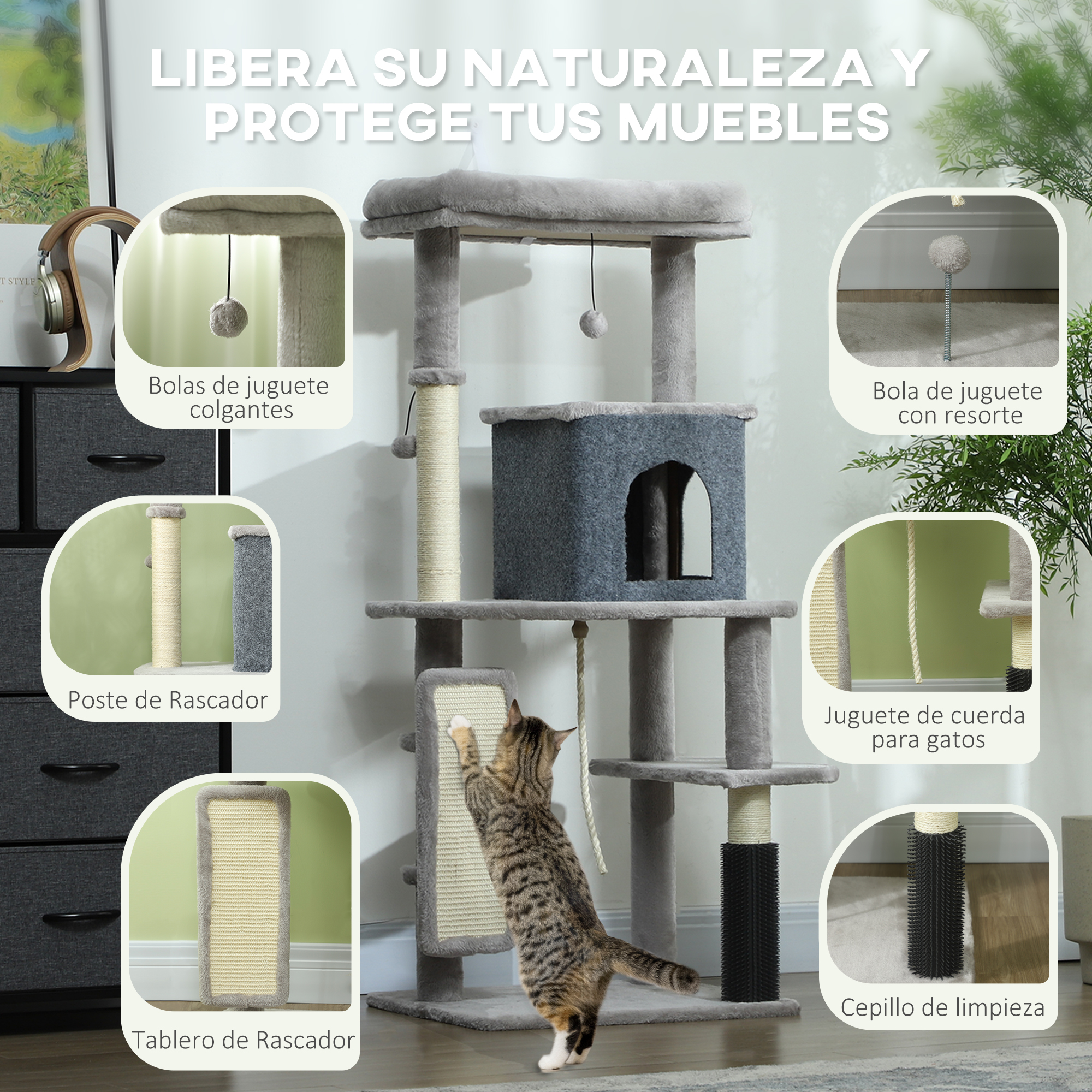 Gato trepando a un árbol para gatos con múltiples características. El gato está rascando y jugando.