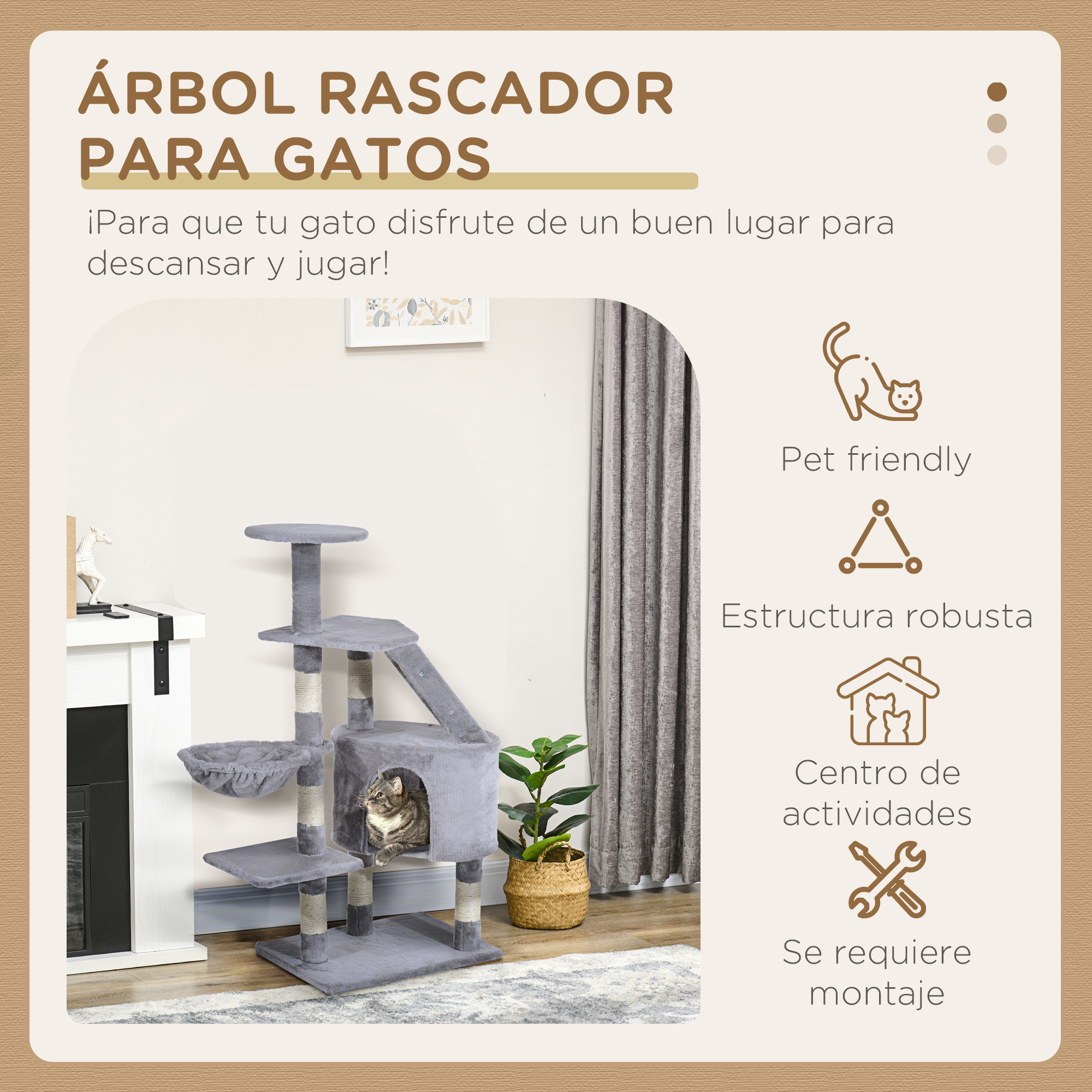 Árbol para gatos con múltiples niveles, un gato dentro de un cubículo y texto. El texto está en español.