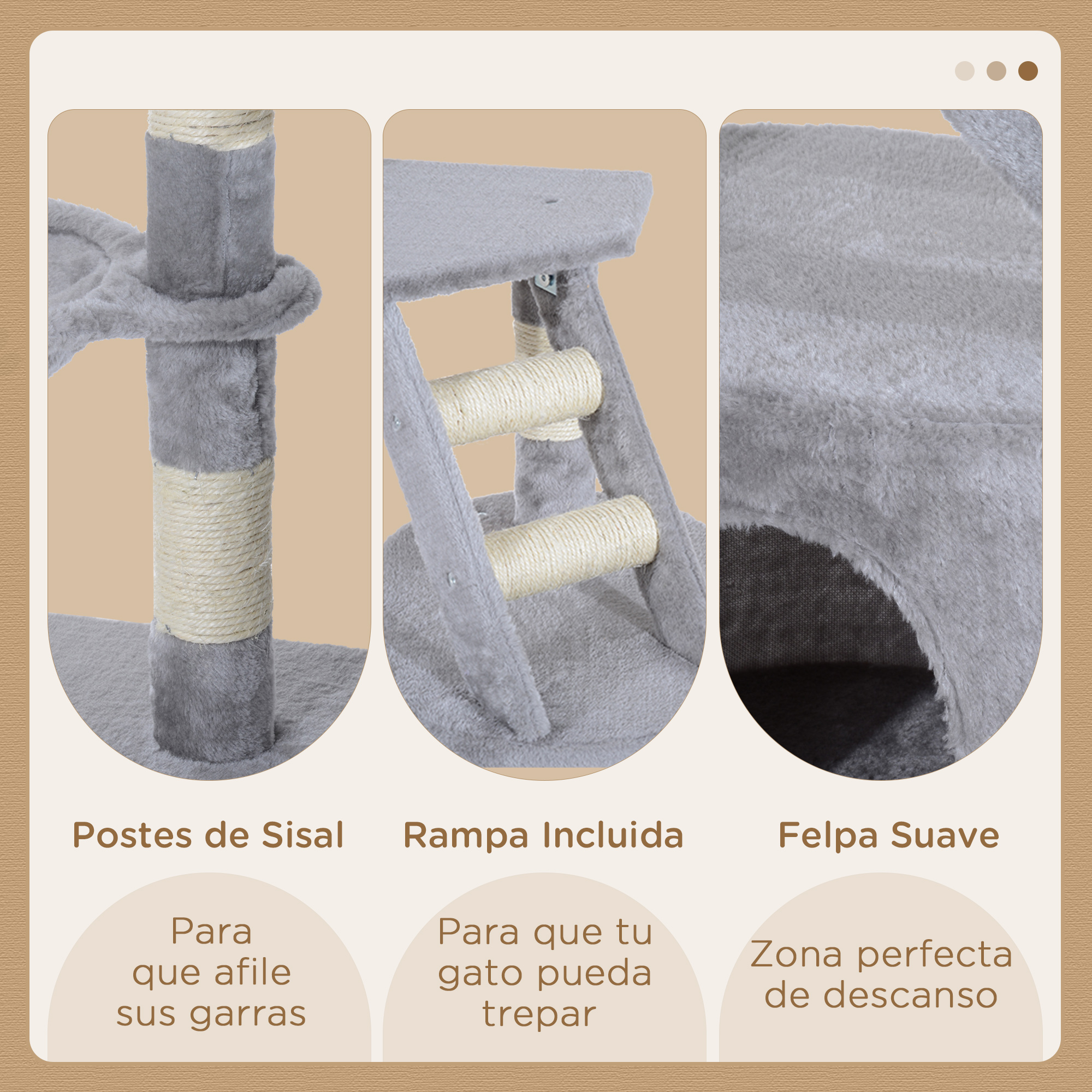 Un árbol para gatos gris con postes de sisal, una rampa y tela de felpa suave.