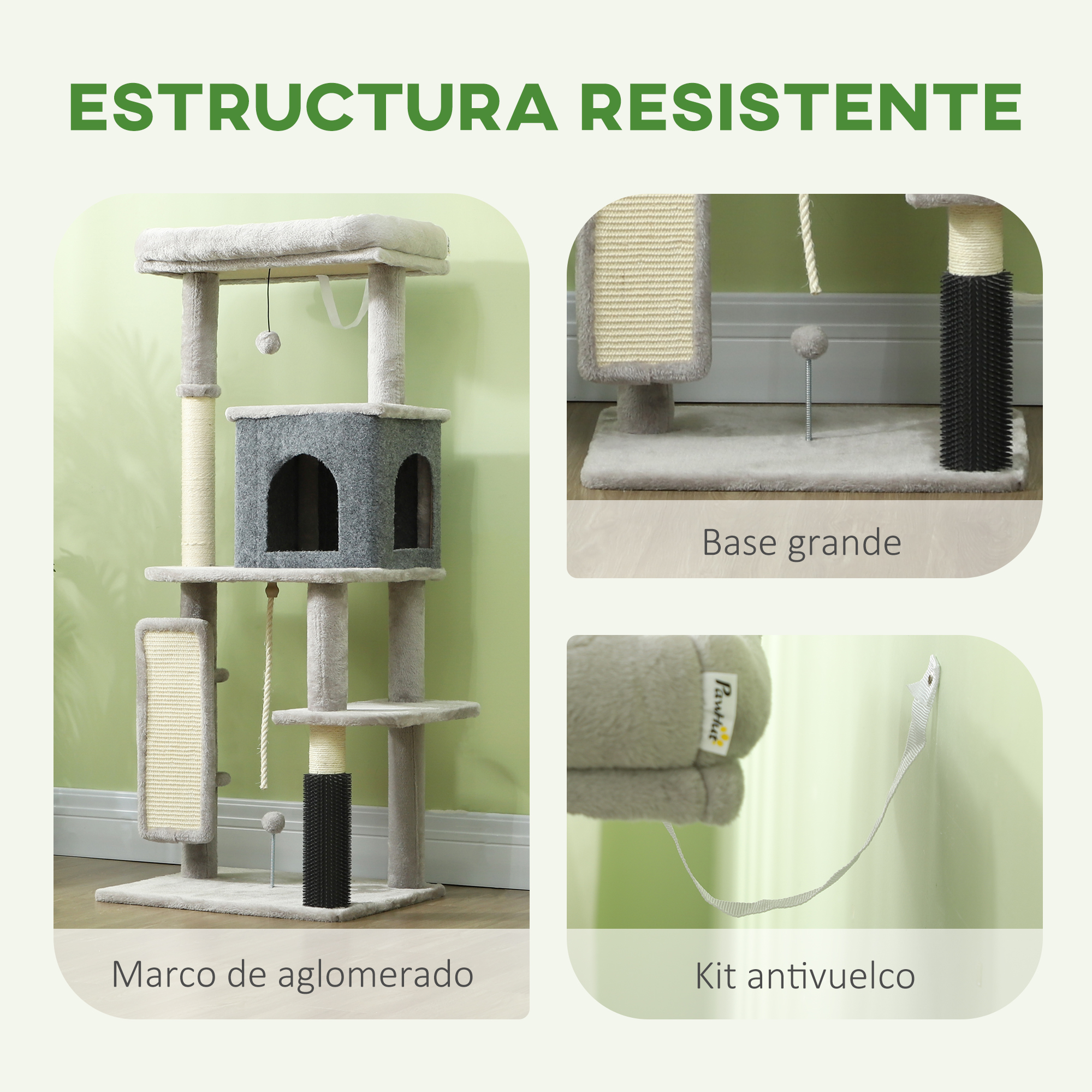 Un árbol para gatos alto con múltiples niveles, postes rascadores, casa y juguetes.