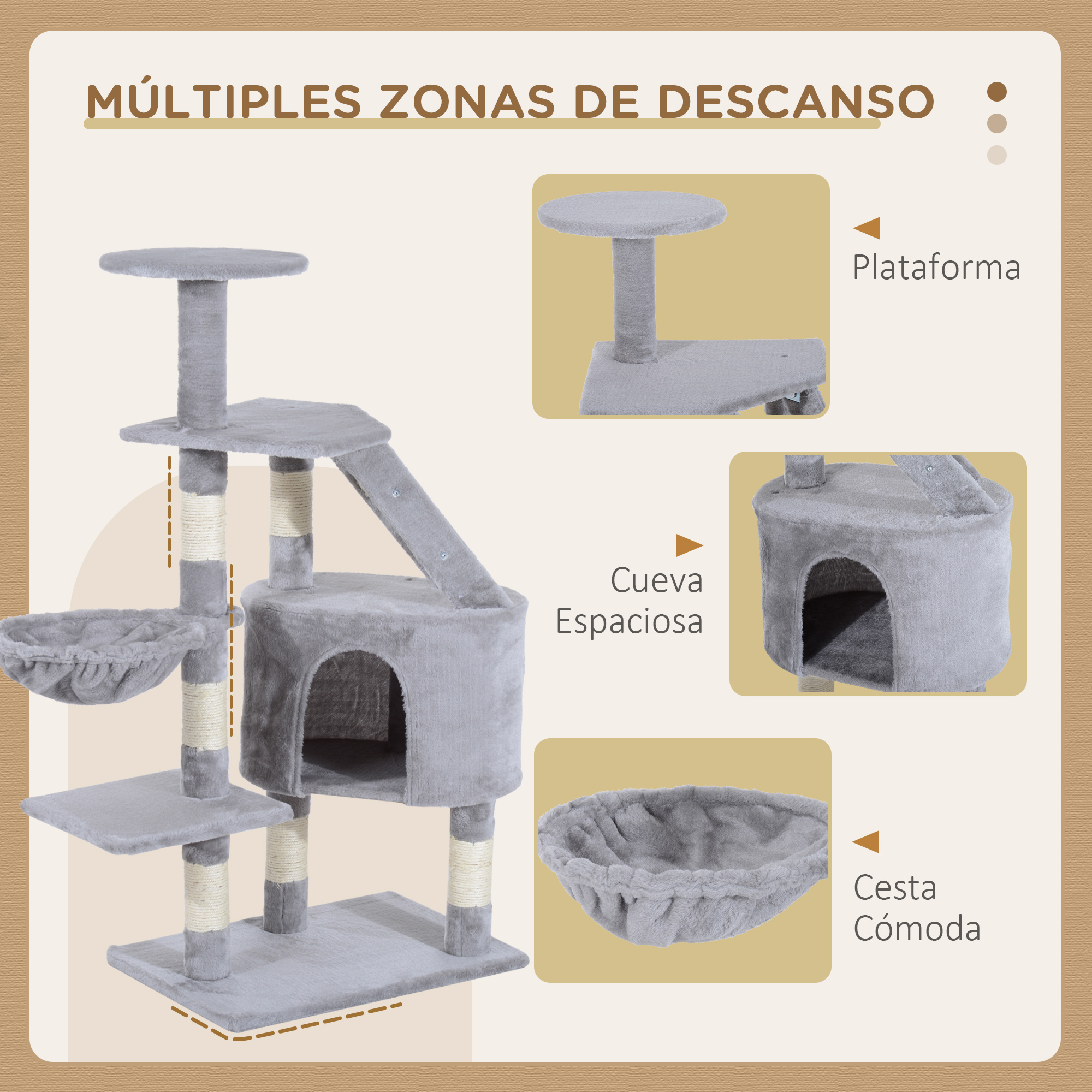 Diagrama con múltiples zonas de descanso para árboles para gatos: plataforma, cueva espaciosa y cesta cómoda.