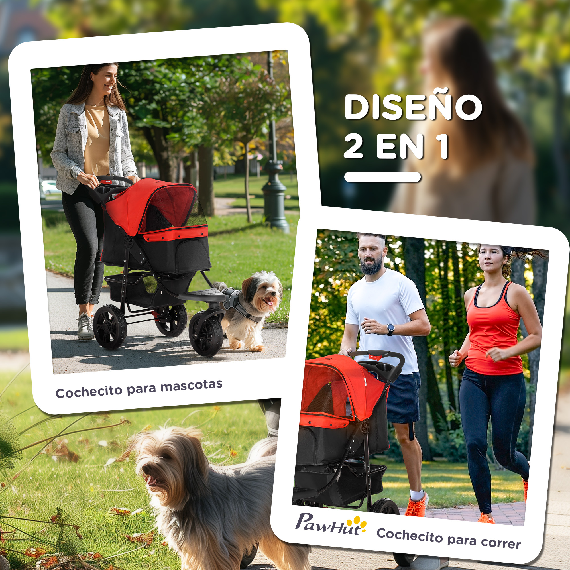 Mujer con cochecito de perro camina por un camino. Dos personas corren con un cochecito para mascotas.