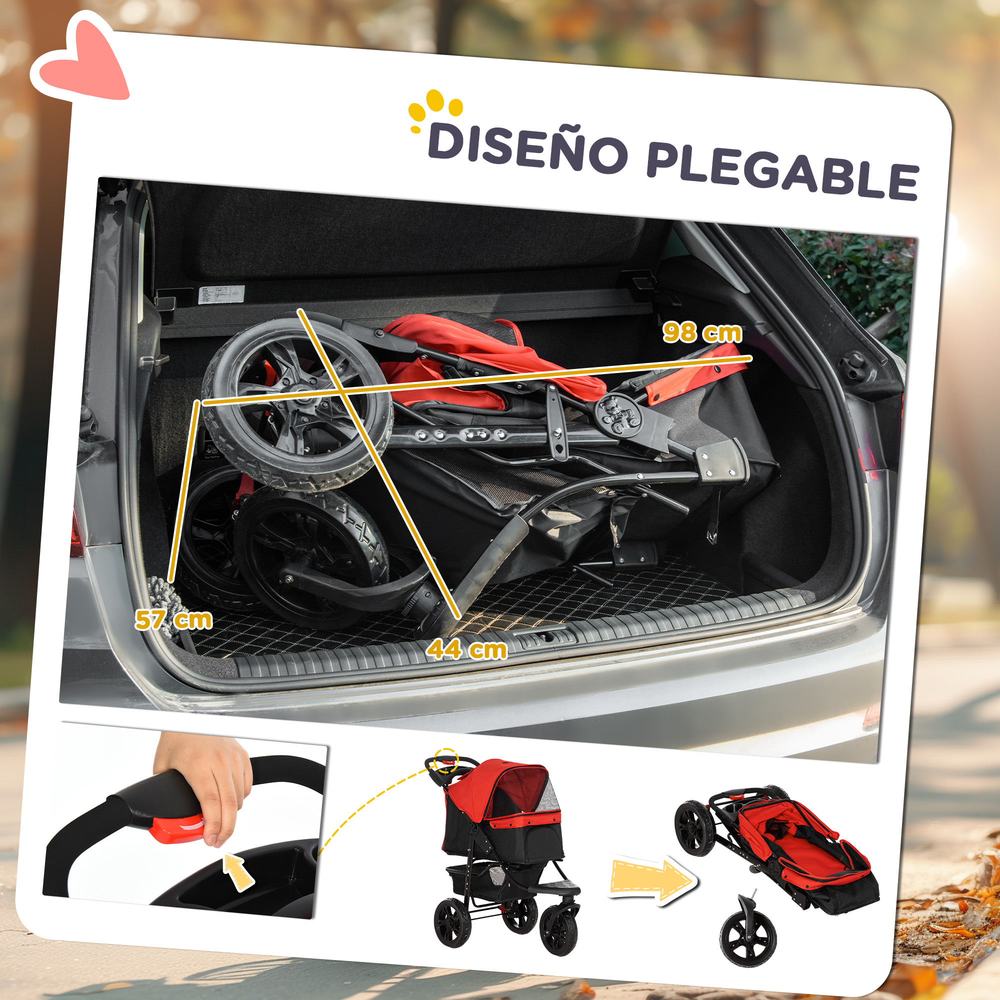 Cochecito plegable para mascotas, rojo, con dimensiones mostradas y un perro dentro.