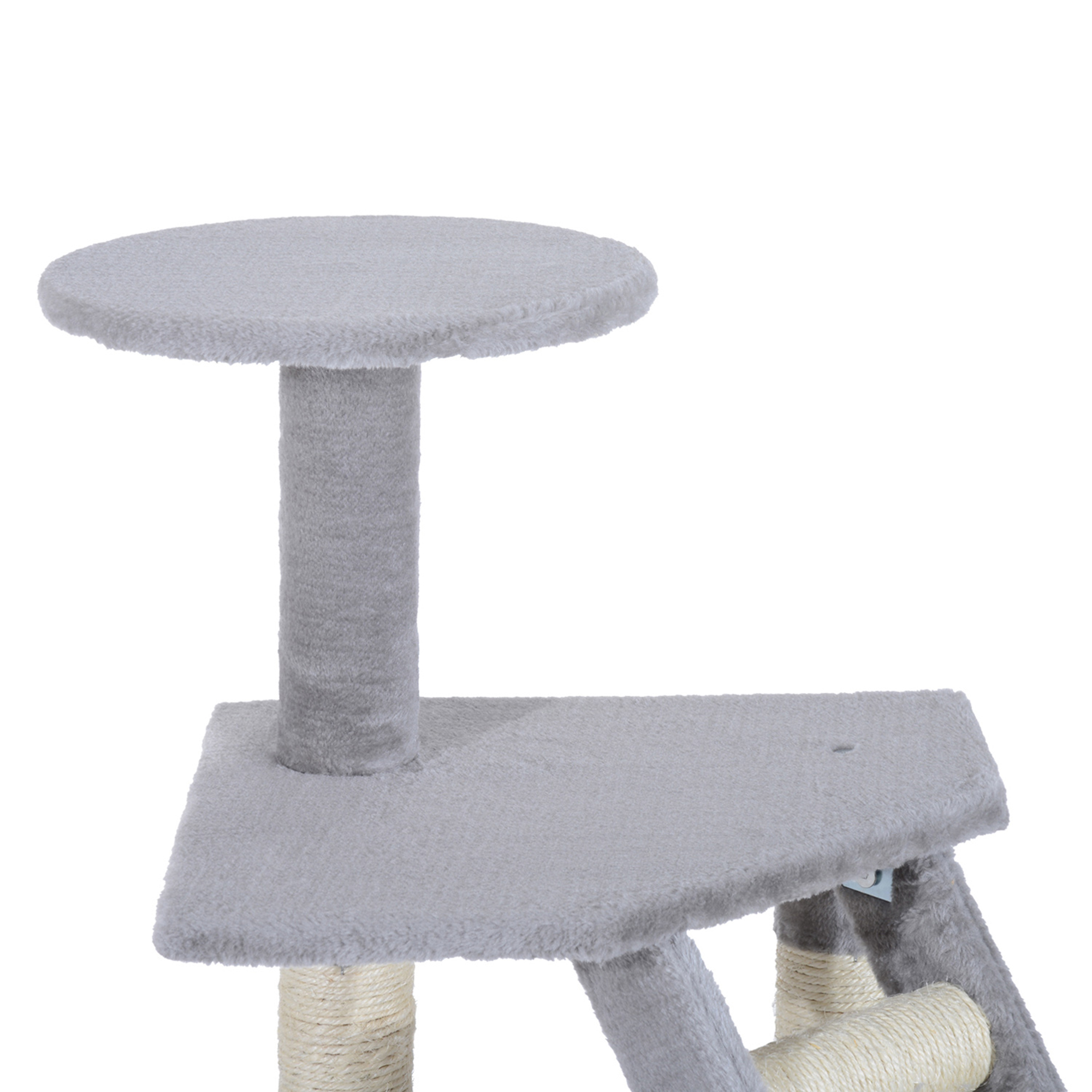 Plataforma de árbol para gatos, gris, con poste cubierto de cuerda, fondo blanco.