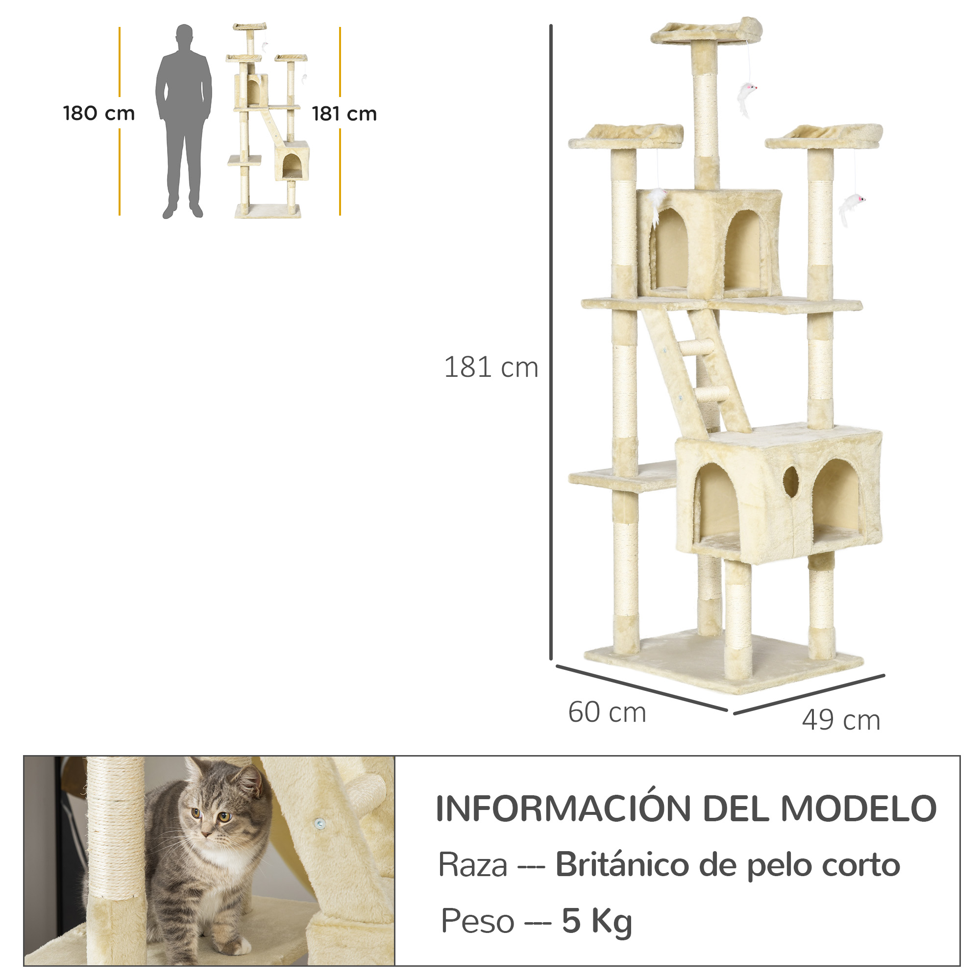 Gran árbol para gatos con múltiples plataformas y postes. Un gato está cerca de la base.