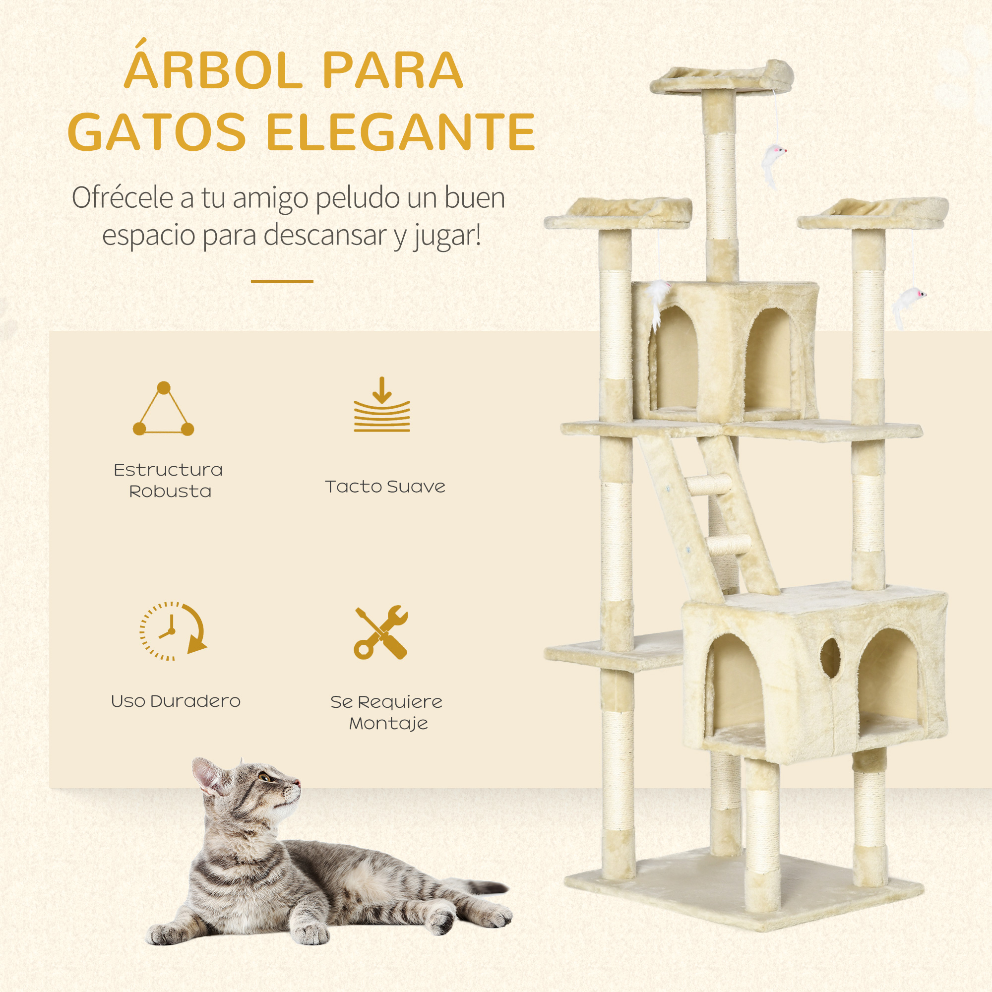 Elegante árbol para gatos con múltiples niveles, un gato descansando e iconos de durabilidad y montaje.