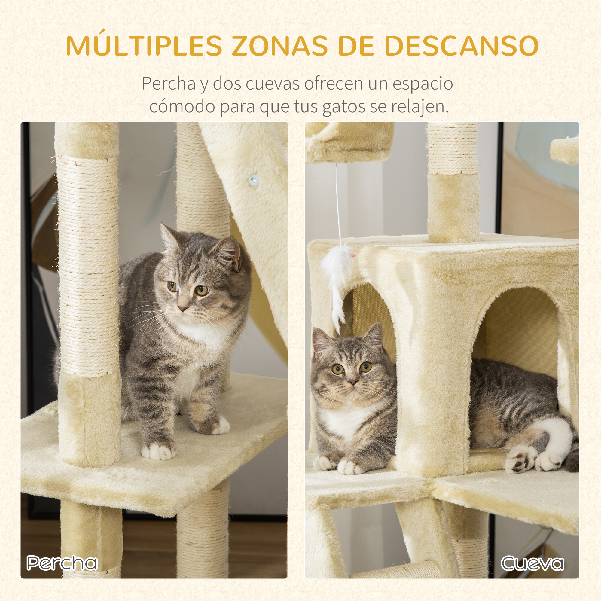 Árbol para gatos con dos gatos. Un gato en una percha, el otro en una cueva. Estructura beige.