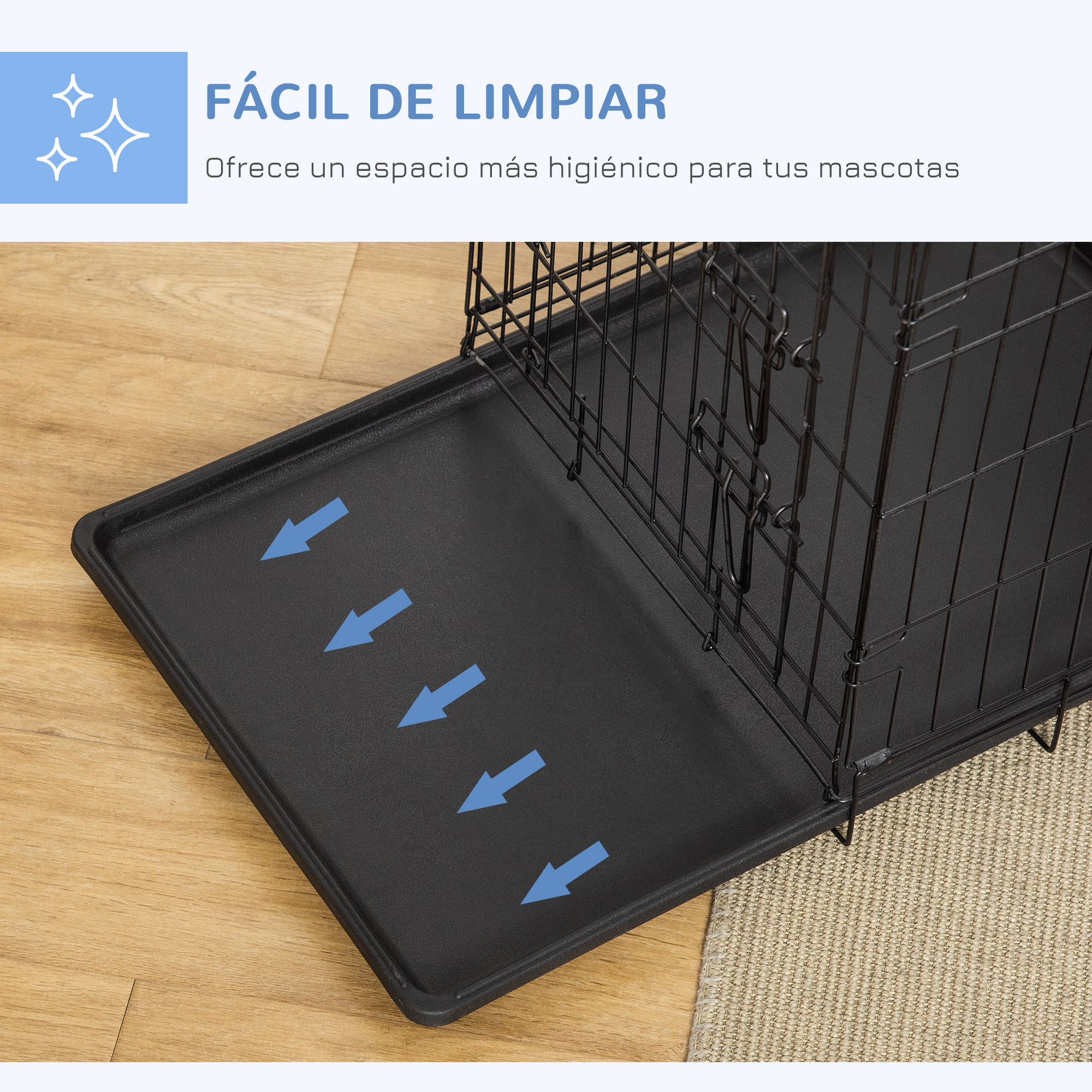 Bandeja de plástico negro con una jaula de metal. La bandeja tiene flechas. La jaula tiene barras negras.