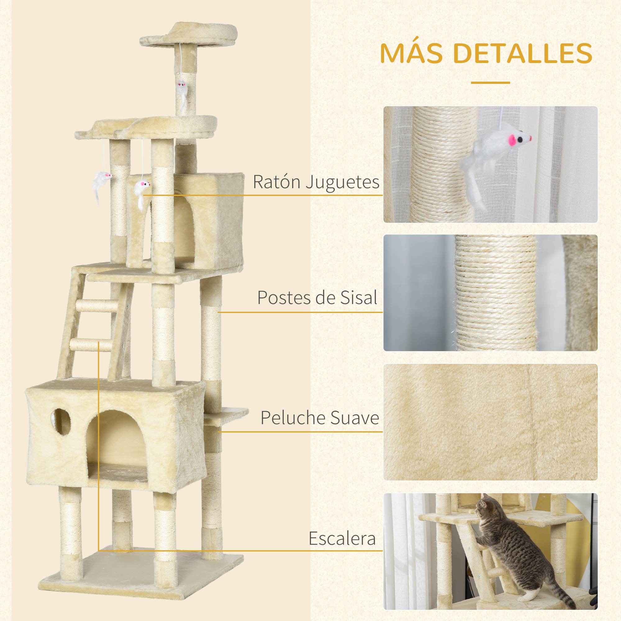 Detalles de un árbol para gatos, destacando felpa suave, postes de sisal, una escalera y ratones de juguete.