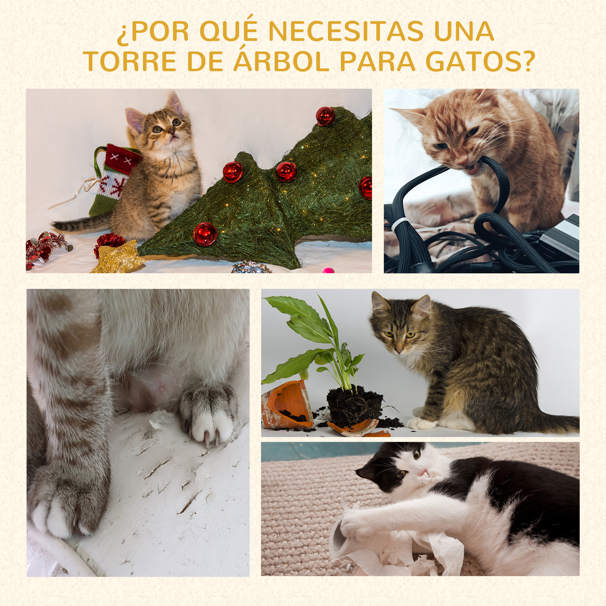 Collage de gatos interactuando con un árbol de Navidad. Un gato mastica un cable, otro juega con una planta rota.