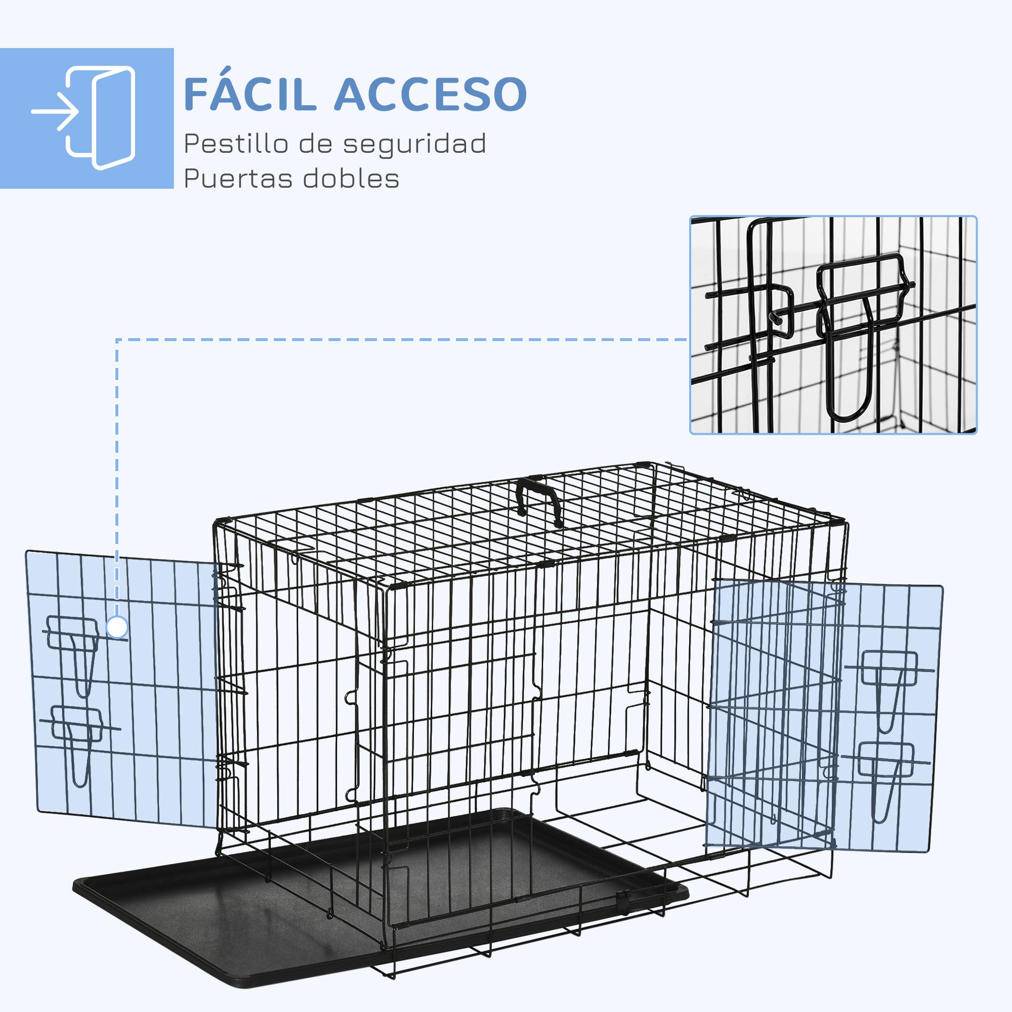 Una jaula negra para mascotas con puertas dobles y una bandeja, que muestra las características de fácil acceso.