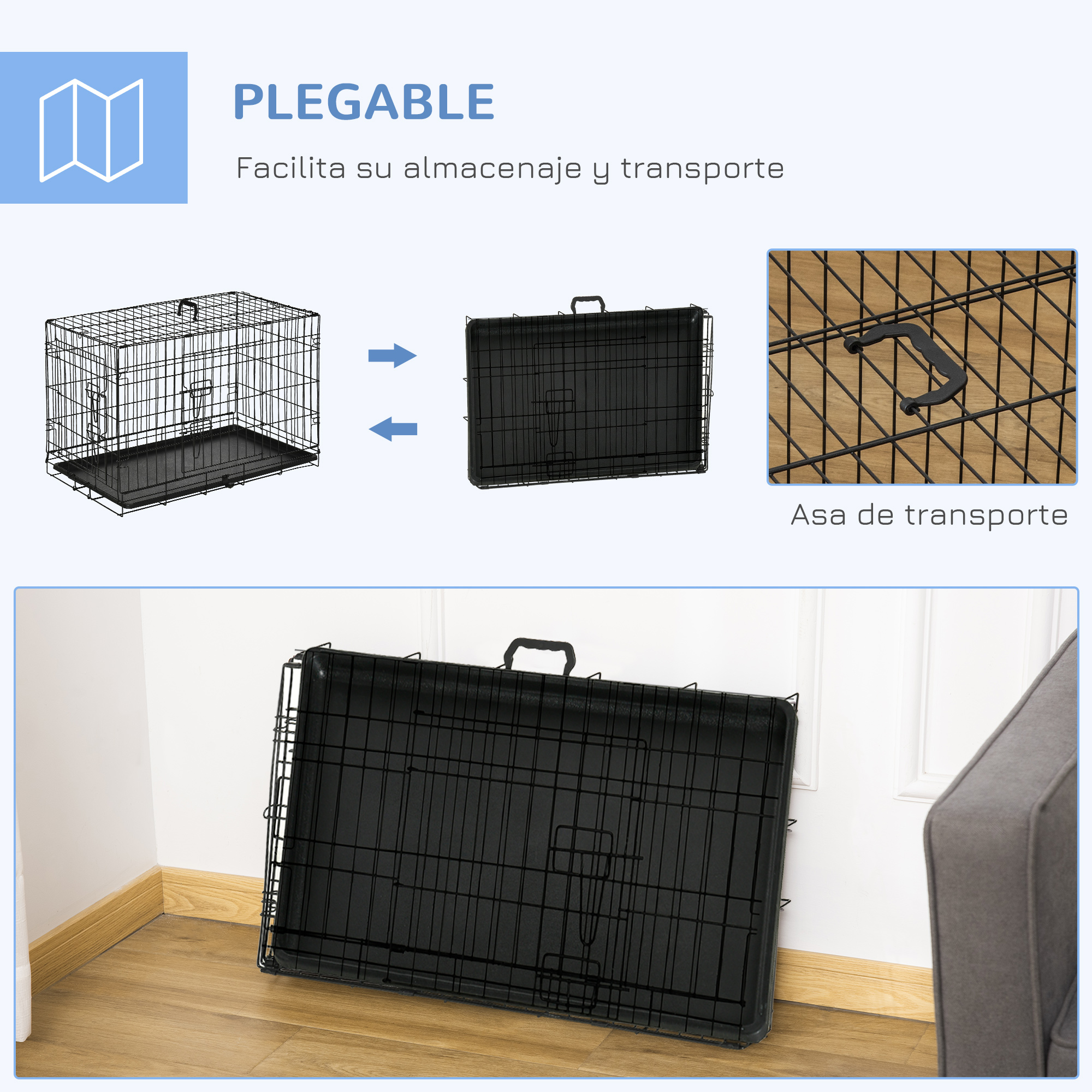 Un transportín plegable negro para mascotas con asa. Las instrucciones muestran cómo se pliega para guardar.