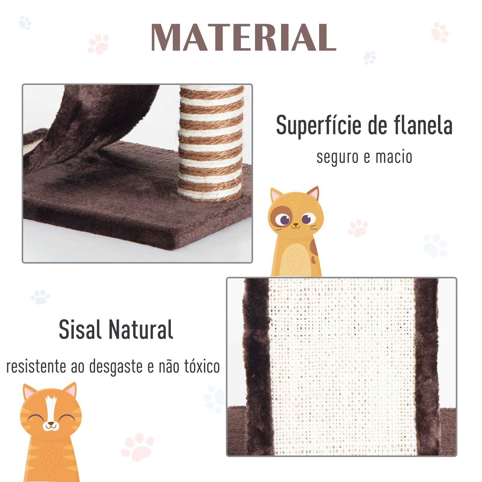 Primer plano de los componentes del árbol para gatos. Se muestra sisal marrón, tela marrón y un gato de dibujos animados.