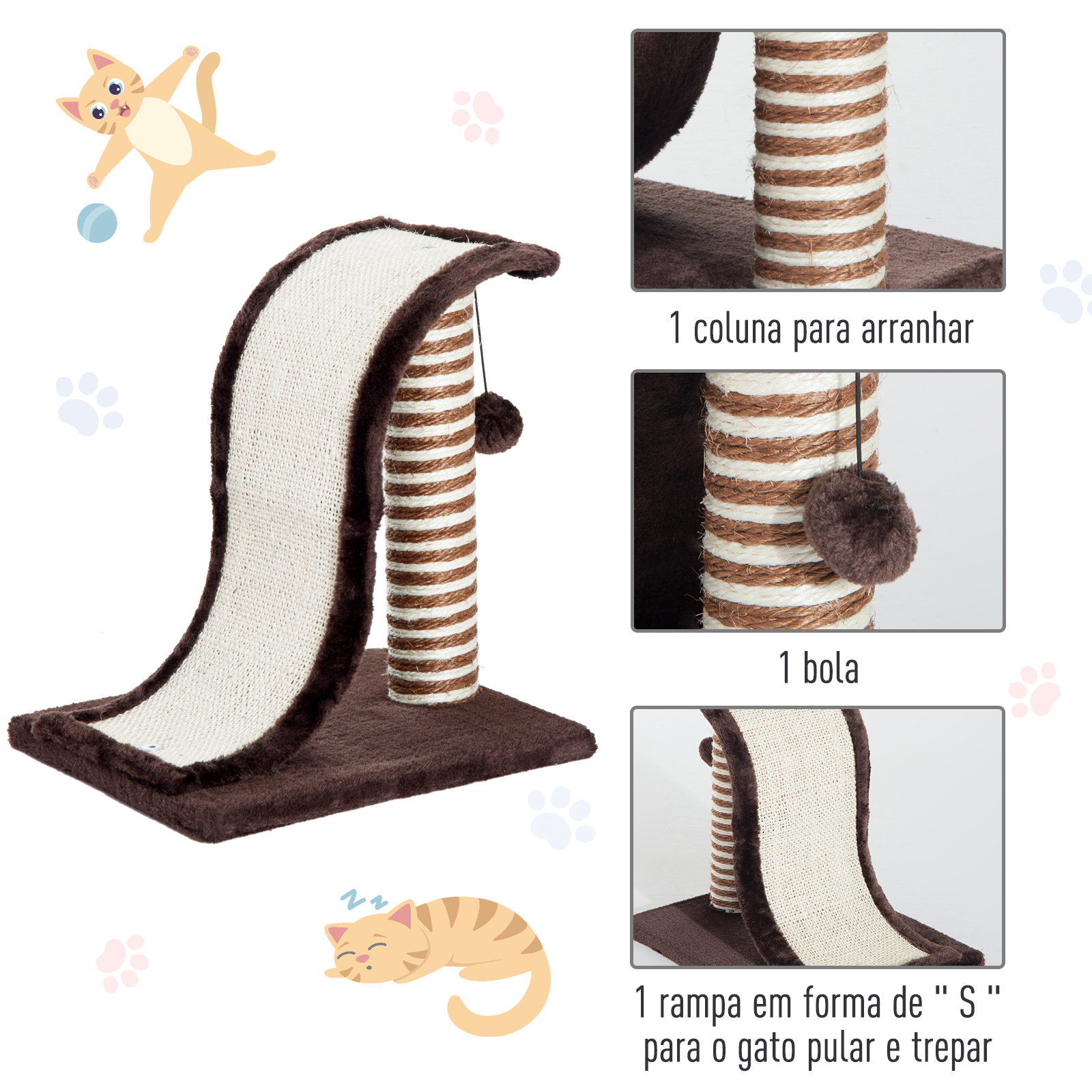 Árbol para gatos con rampa de escalada marrón y blanca. Un juguete para gatos cuelga.