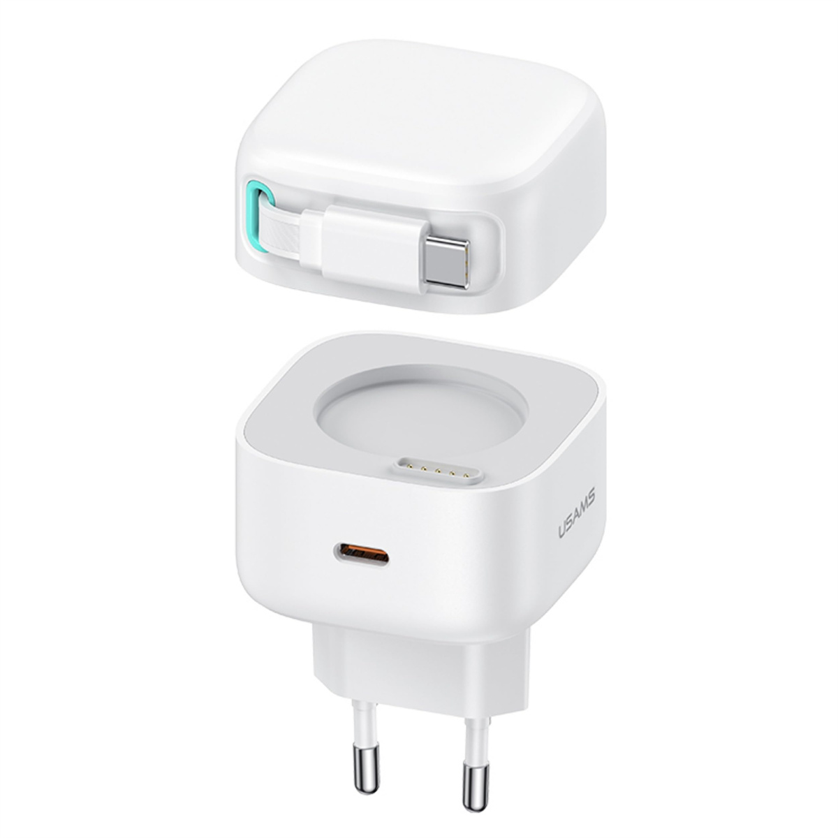 Weißes Ladegerät mit angeschlossenem USB-C-Kabel, mit einem separaten Teil oben.