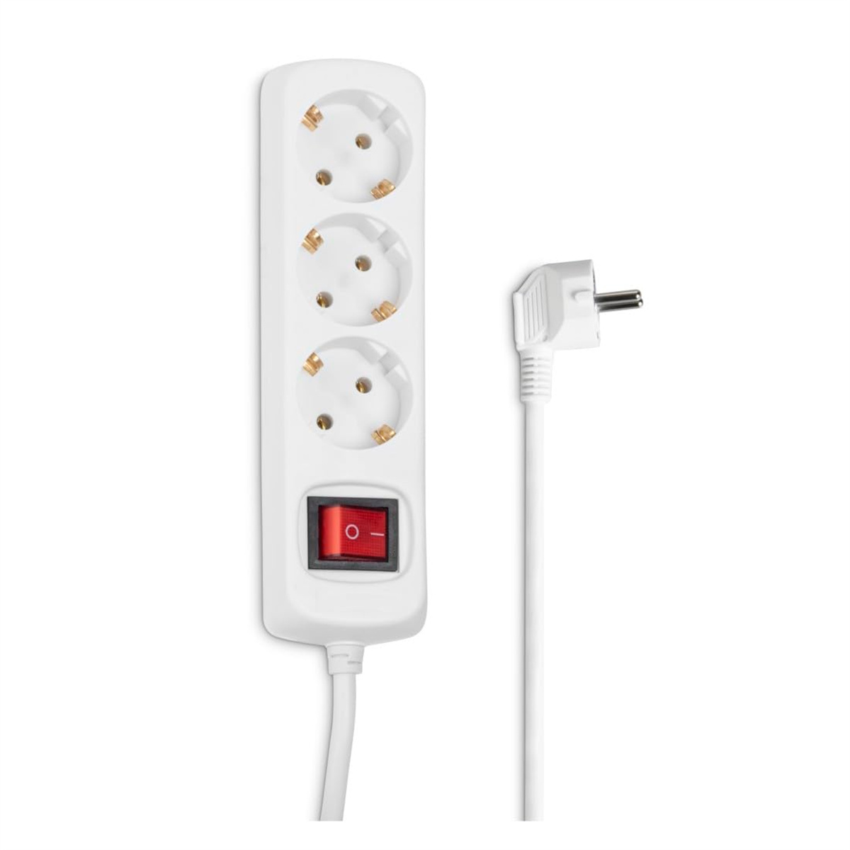 Eine weiße Steckdosenleiste mit drei Steckdosen, einem Schalter und einem Netzkabel.
