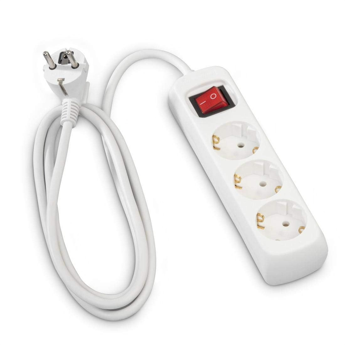 Weiße Steckdosenleiste mit 3 Steckdosen und einem roten Ein/Aus-Schalter. Weißes Kabel und Stecker sind befestigt.